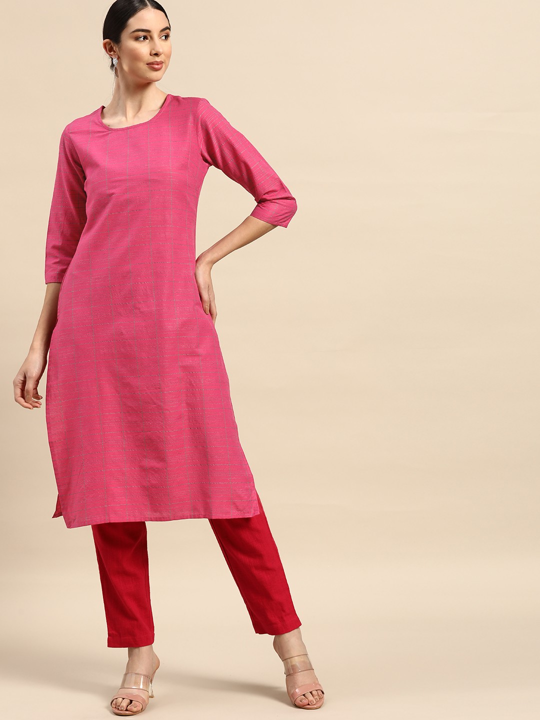 

Anouk Women Pink & Green Checked Yarn Dyed Kurta