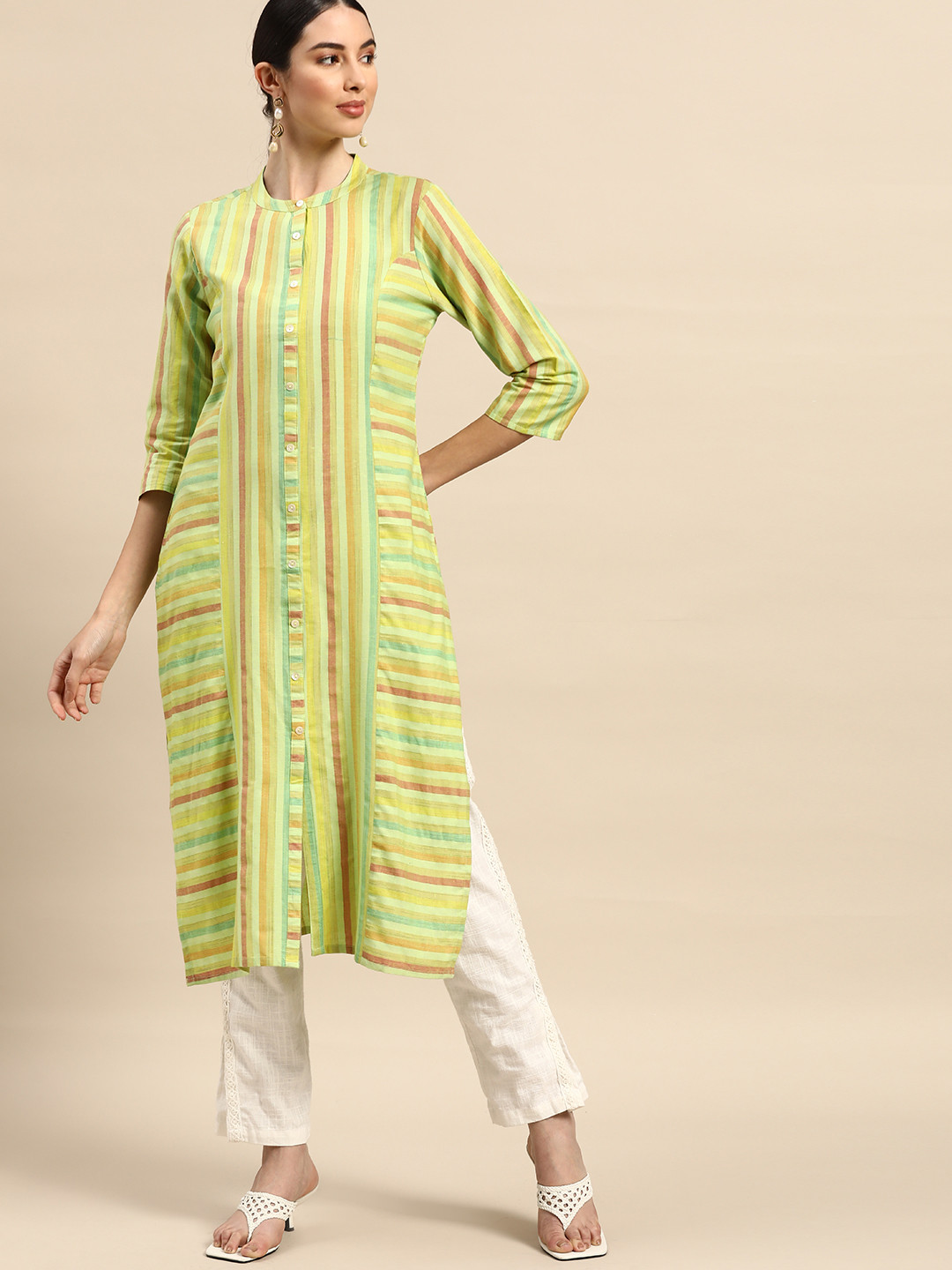 

Anouk Women Green & Red Striped Yarn Dyed Kurta
