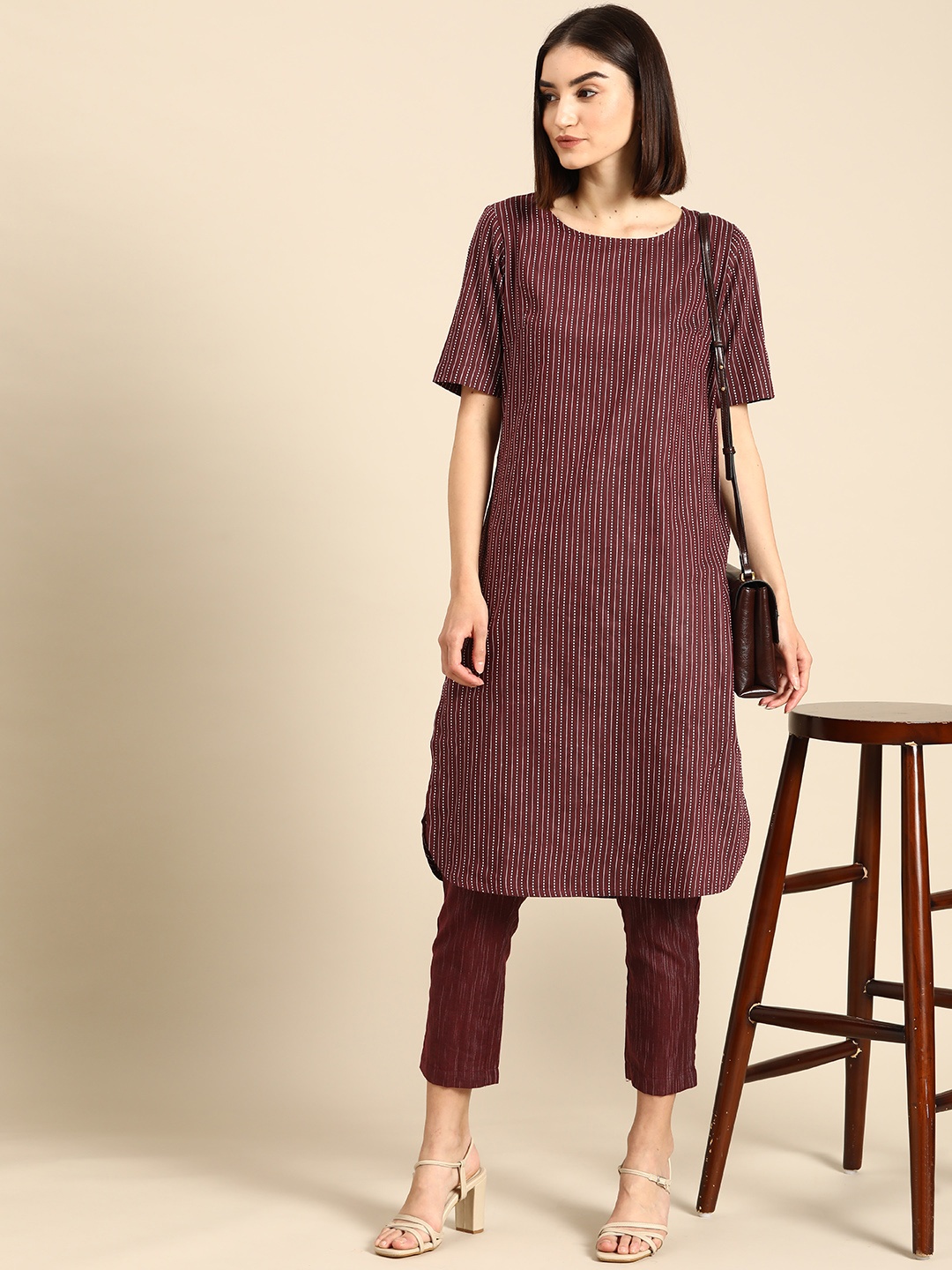 

Anouk Women Maroon Yarn Dyed Kurta with Trousers