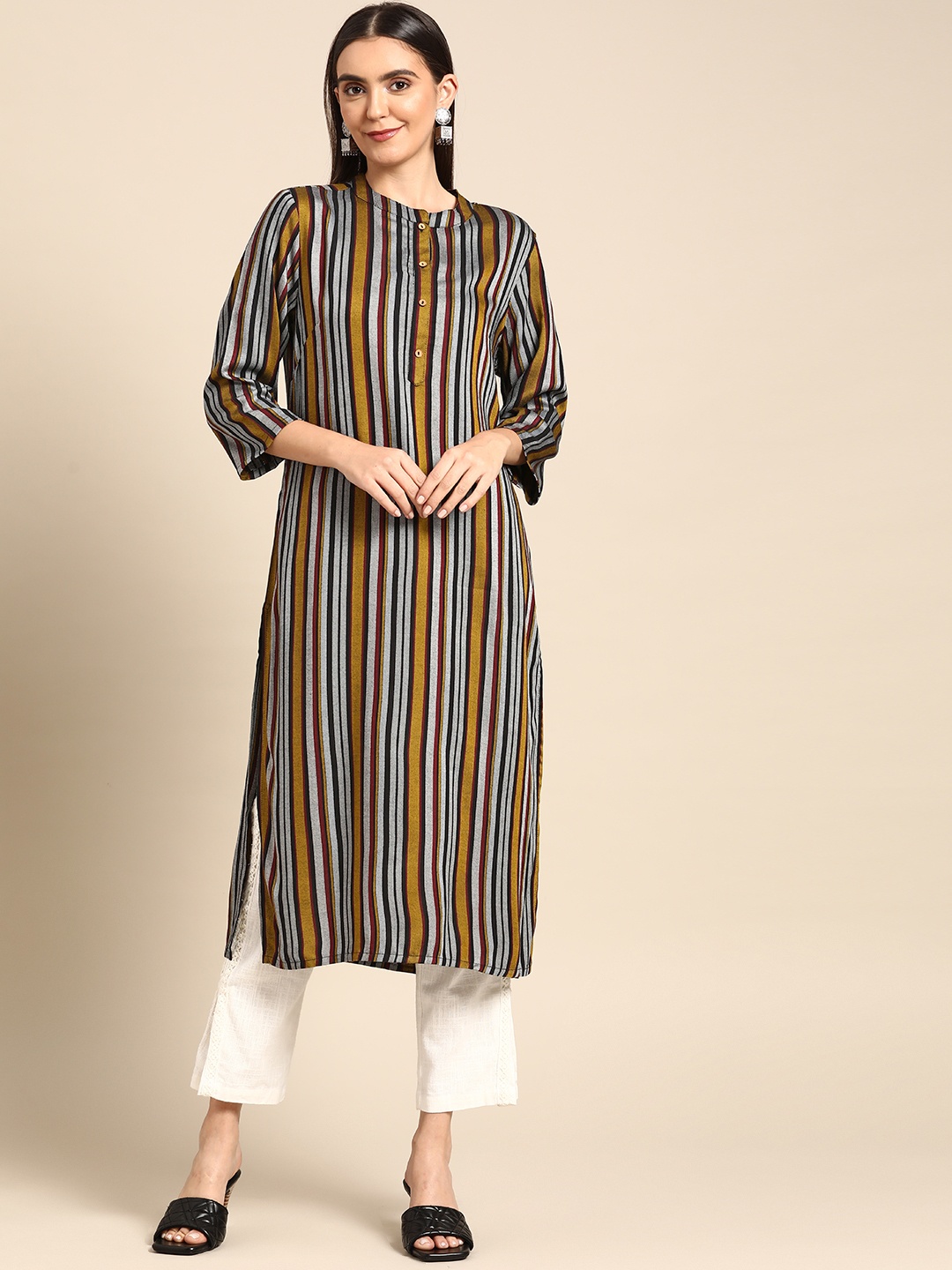 

Anouk Women Mustard Brown & Grey Striped Yarn Dyed Kurta