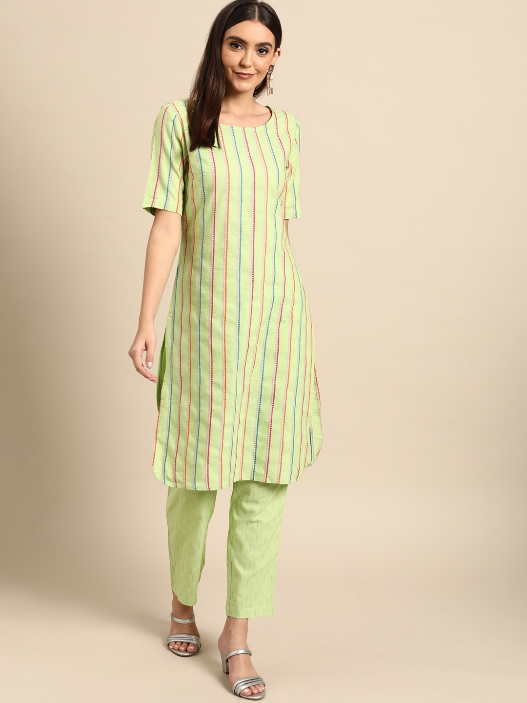 

Anouk Women Green & Pink Embroidered Thread Work Striped Yarn Dyed Kurta with Trousers