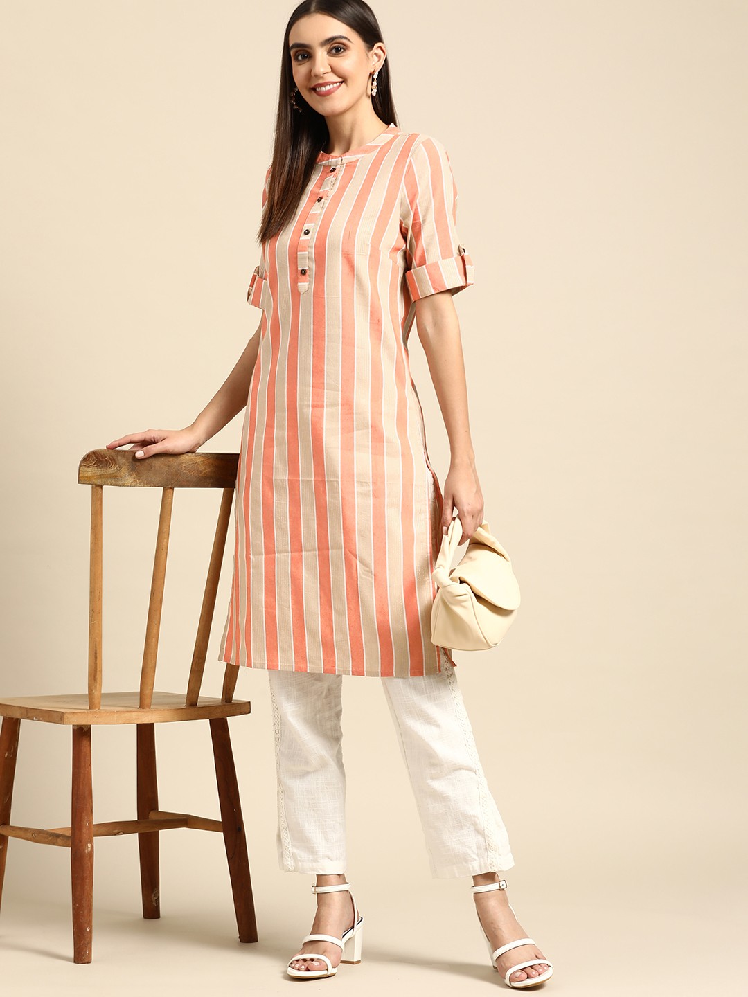

Anouk Women Beige & Orange Striped Straight Yarn Dyed Kurta