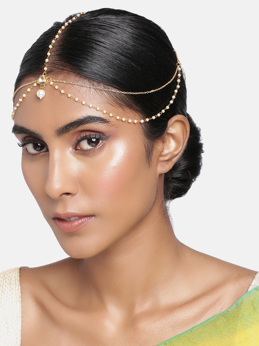 

AccessHer Women Gold-Plated & White Jadau Kundan and Pearl Layer Damini Maang Tika
