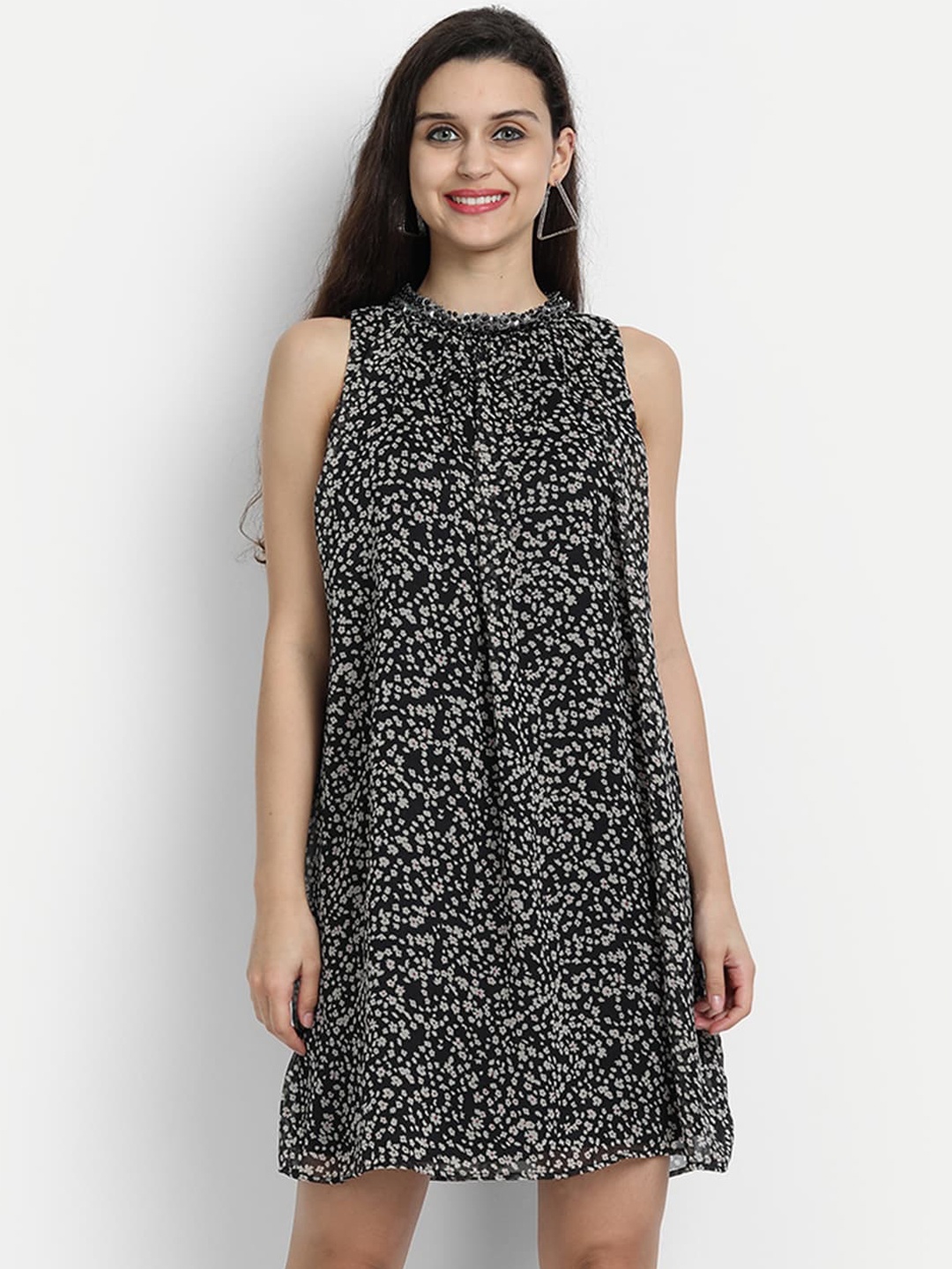 

LY2 Black & Grey Floral Printed Chiffon A-Line Dress