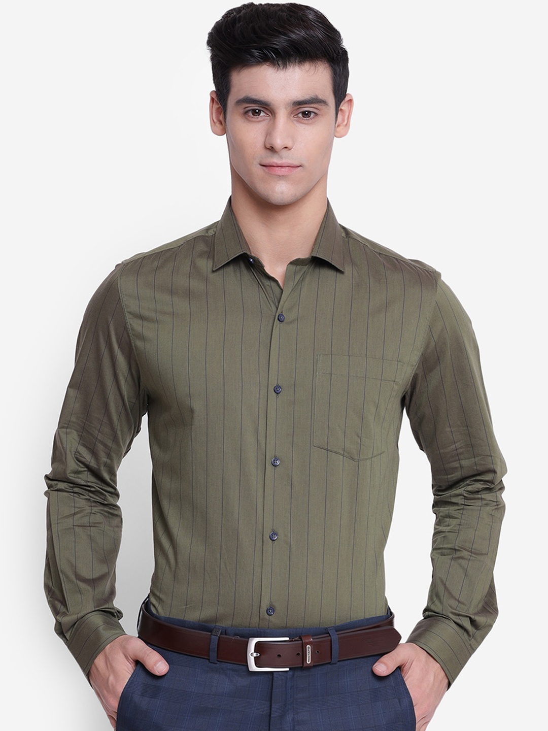 

Turtle Men Green & Blue Slim Fit Opaque Striped Cotton Formal Shirt