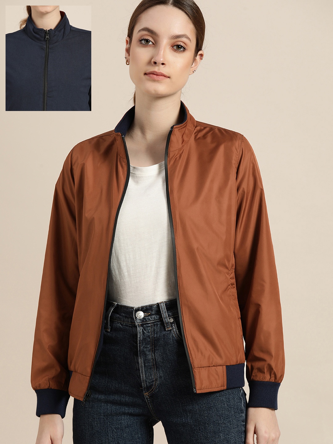 

ether Women Brown & Navy Blue Ultra Light Weight Anti-Bacterial Reversible Bomber Jacket