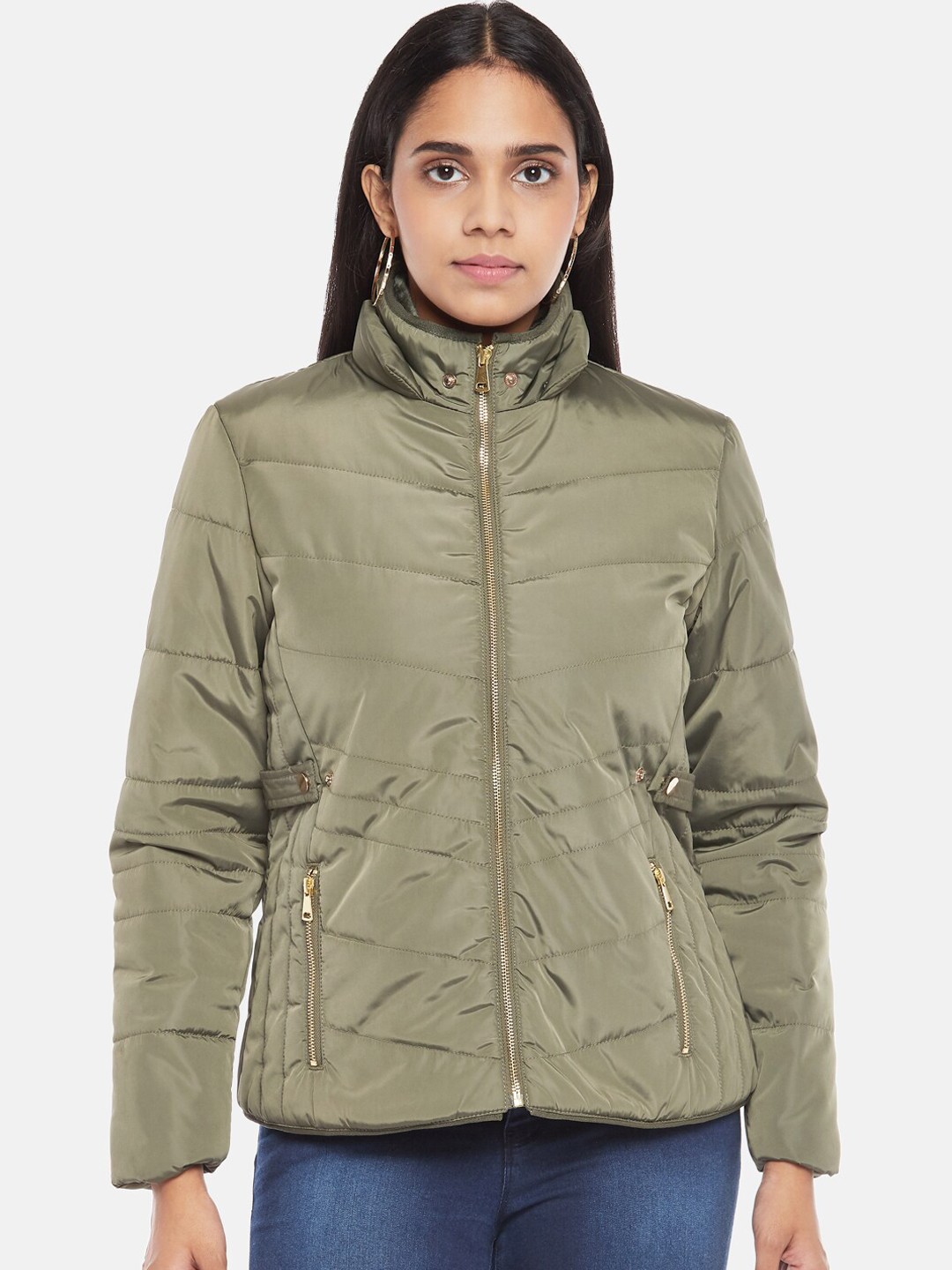 

Honey by Pantaloons Women Olive Solid Padded Jacket