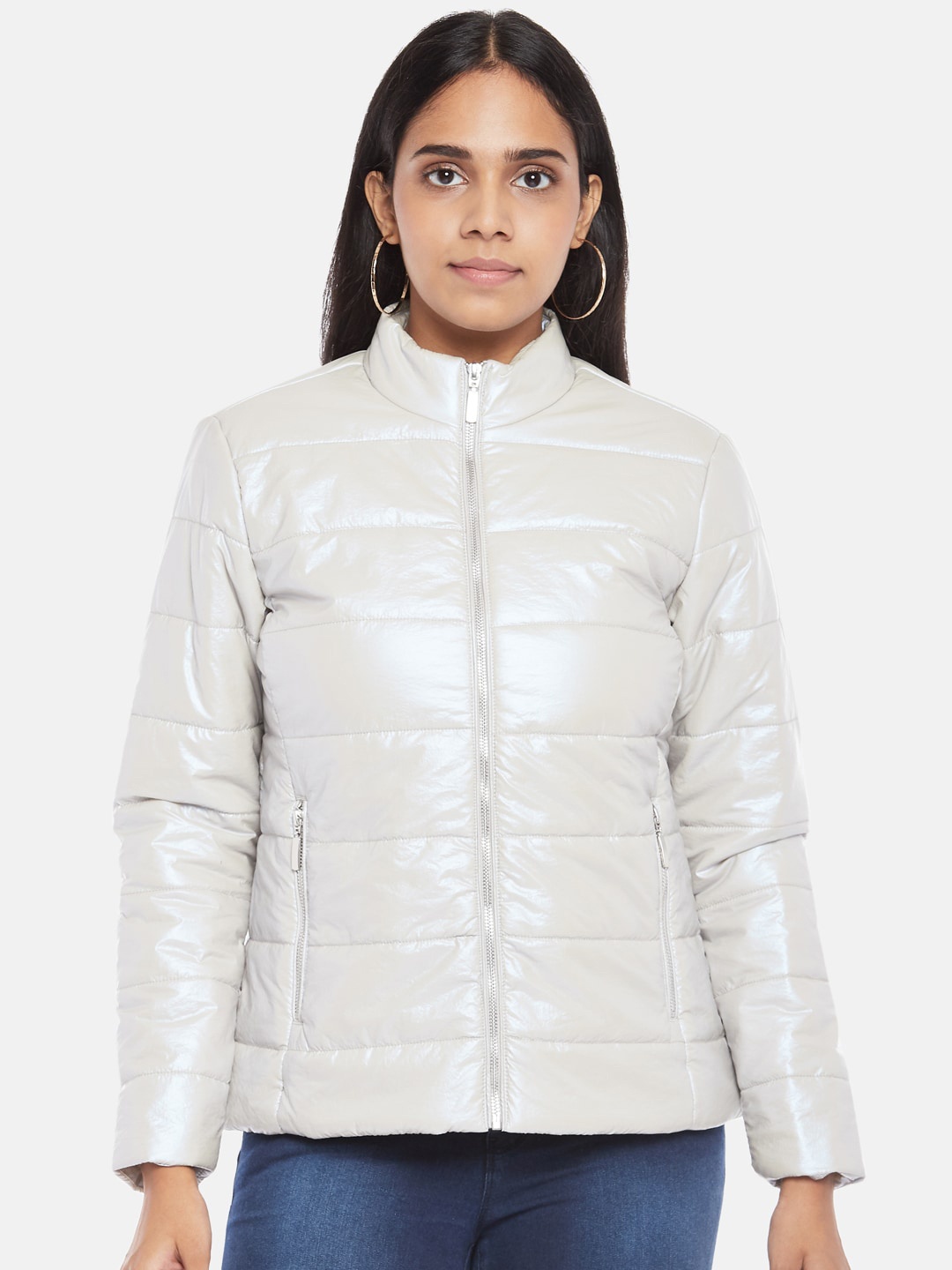 

Honey by Pantaloons Women Silver-Toned Crop Puffer Jacket