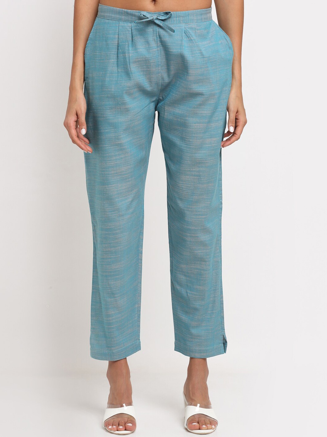 

NEUDIS Women Turquoise Blue Pleated Cigerette Trousers