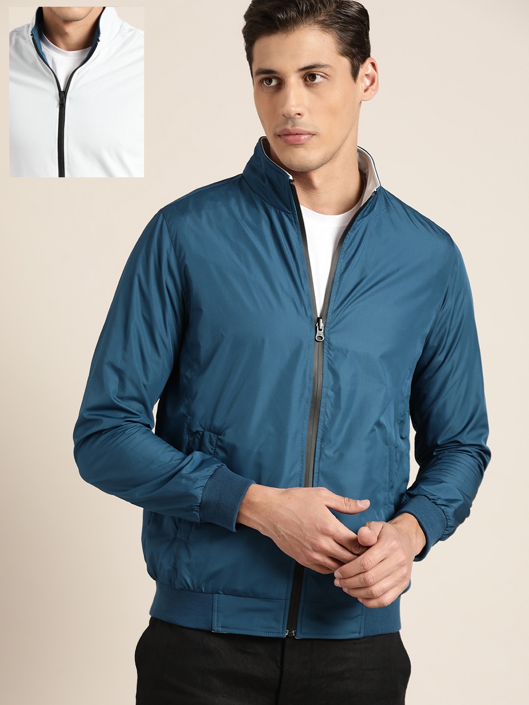 

ether Men Teal Blue Reversible Anti-Microbial Water Repellent Bomber Jacket