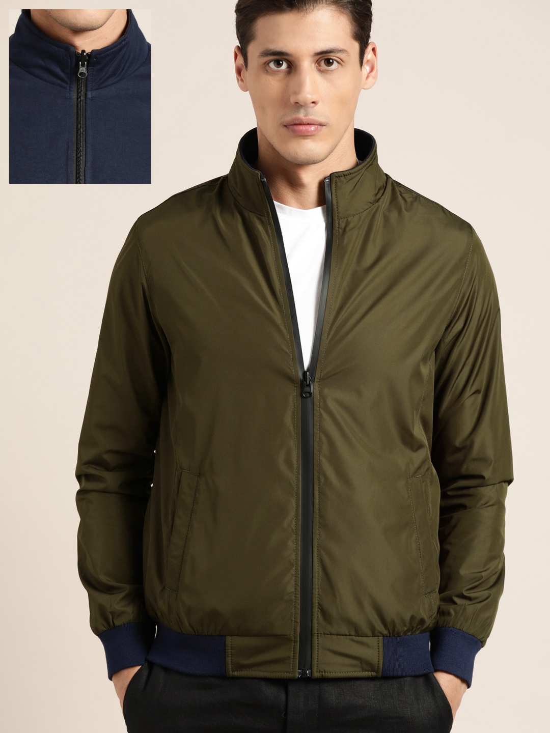 

ether Men Navy Blue & Olive Green Reversible Anti-Microbial Water Repallent Bomber Jacket