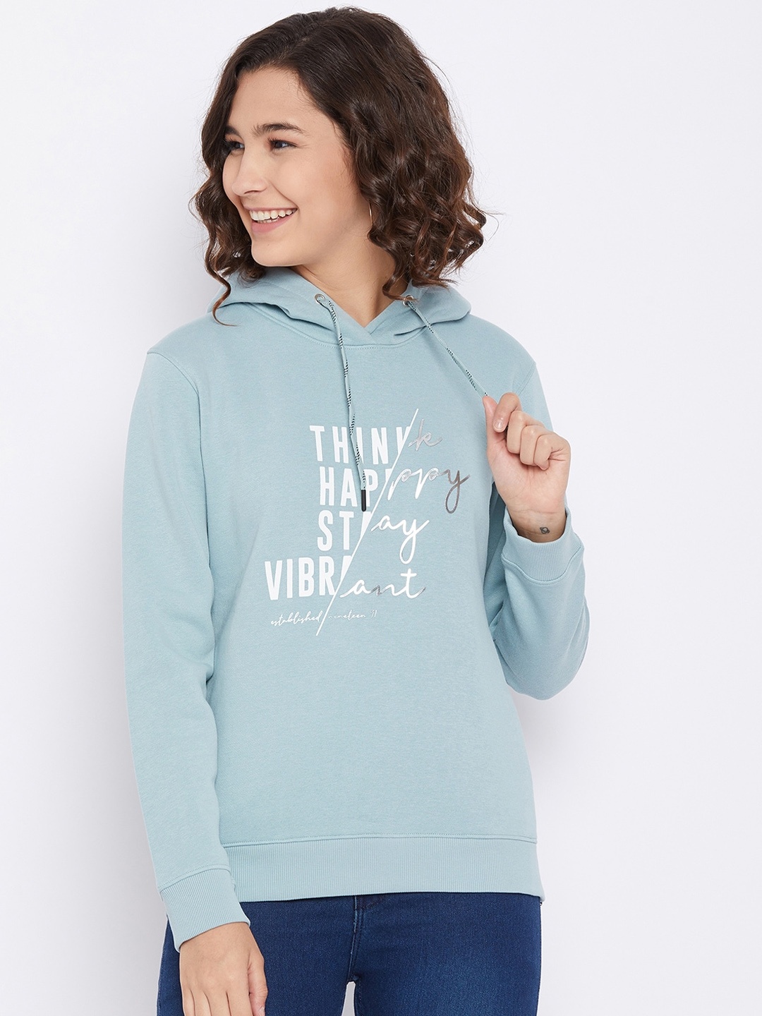 

Octave Women Blue Printed Hooded Cotton Sweatshirt
