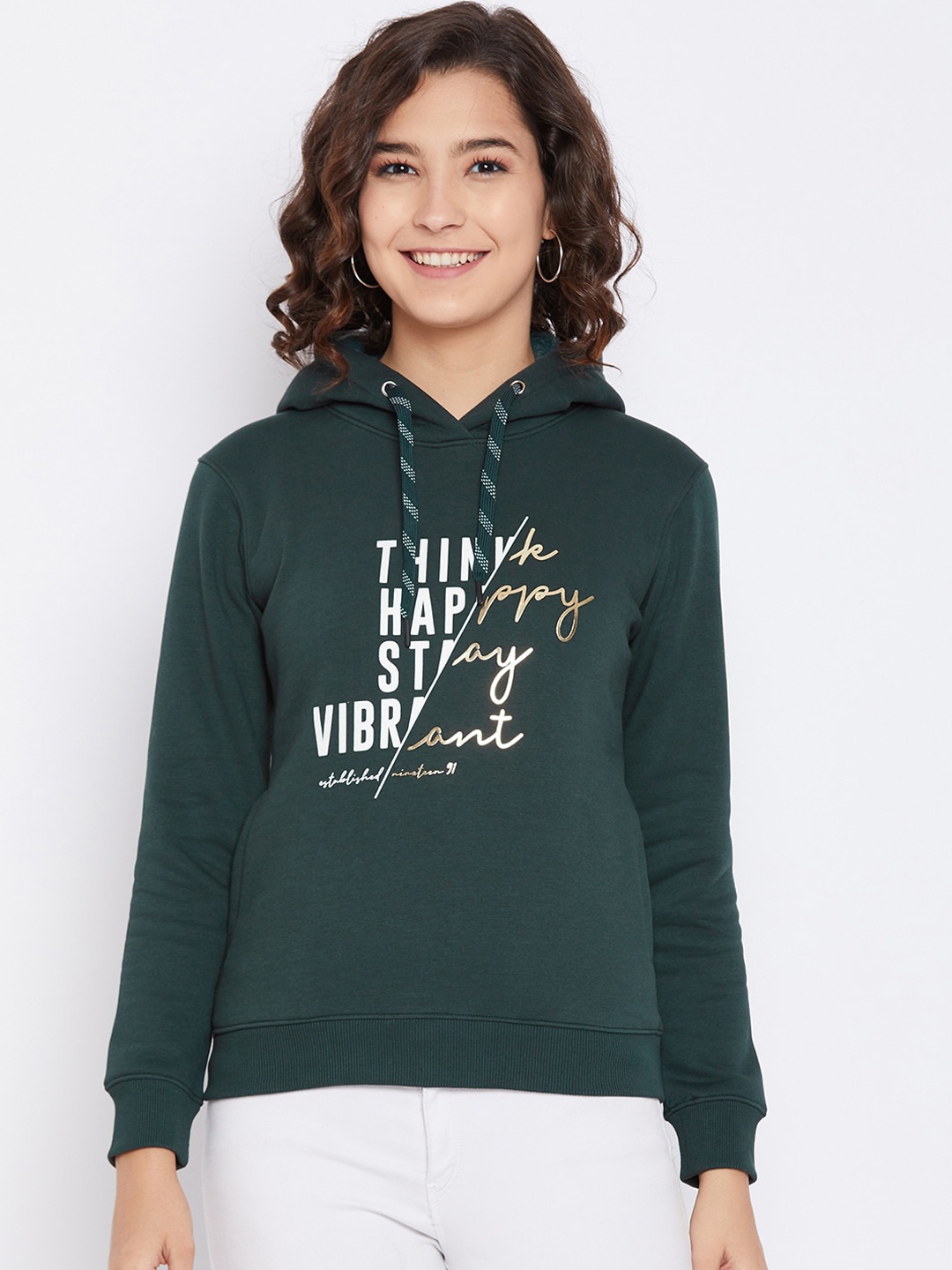 

Octave Women Green Typography Printed Hooded Pullover Sweatshirt