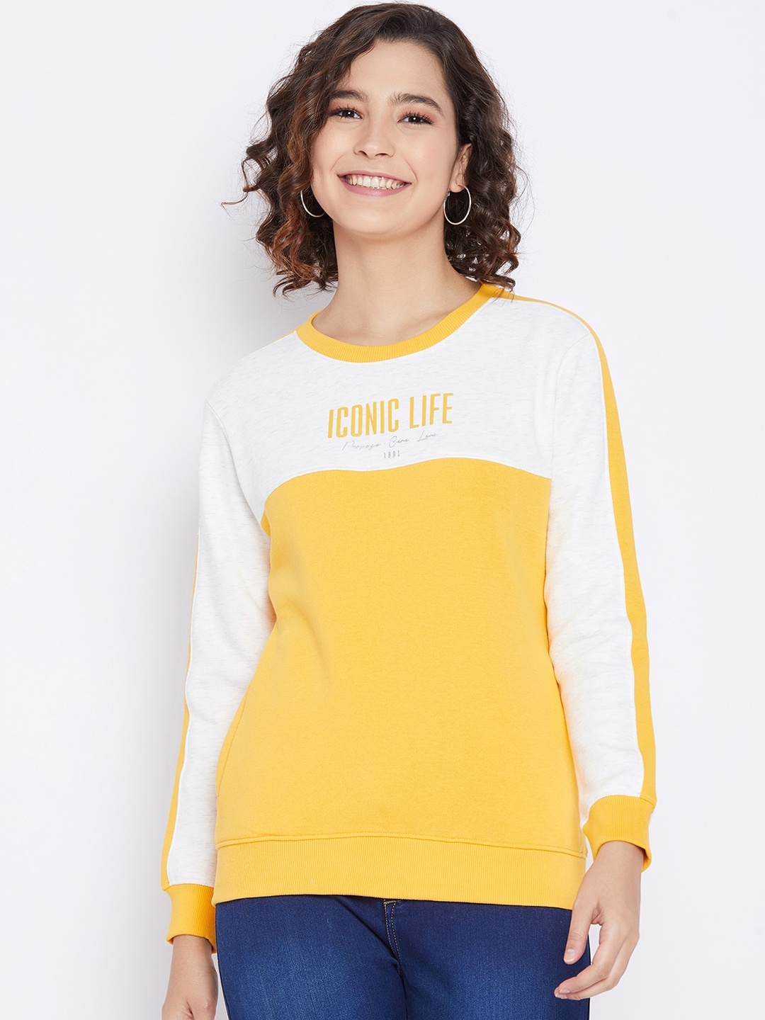 

Octave Women Yellow and White Colourblocked Sweatshirt