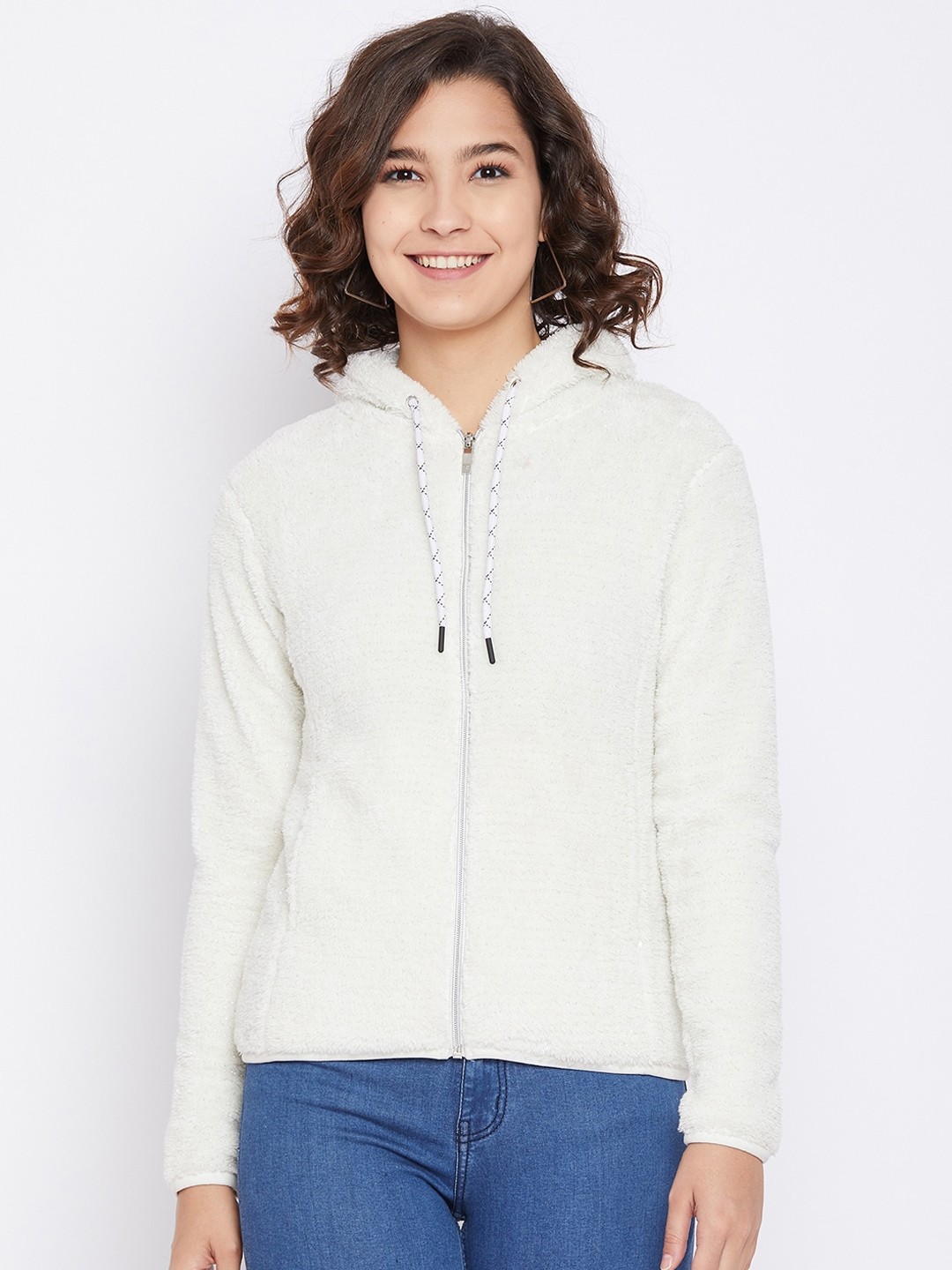 

Octave Women Off White Solid Hooded Front-Open Sweatshirt