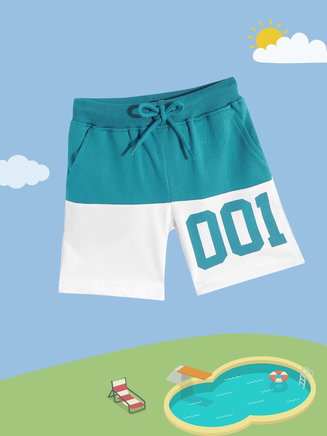 

HERE&NOW Boys Teal Blue & White Colourblocked Cotton Shorts