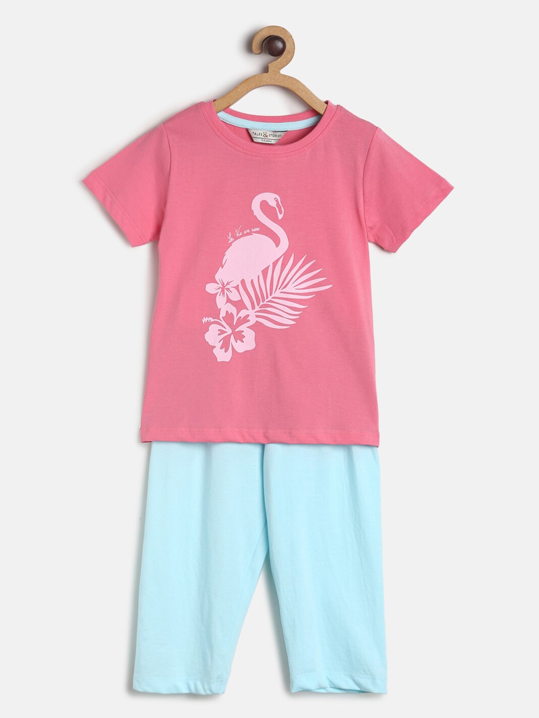 

TALES & STORIES Girls Pink & Blue Graphic Printed Pure Cotton Night Suit