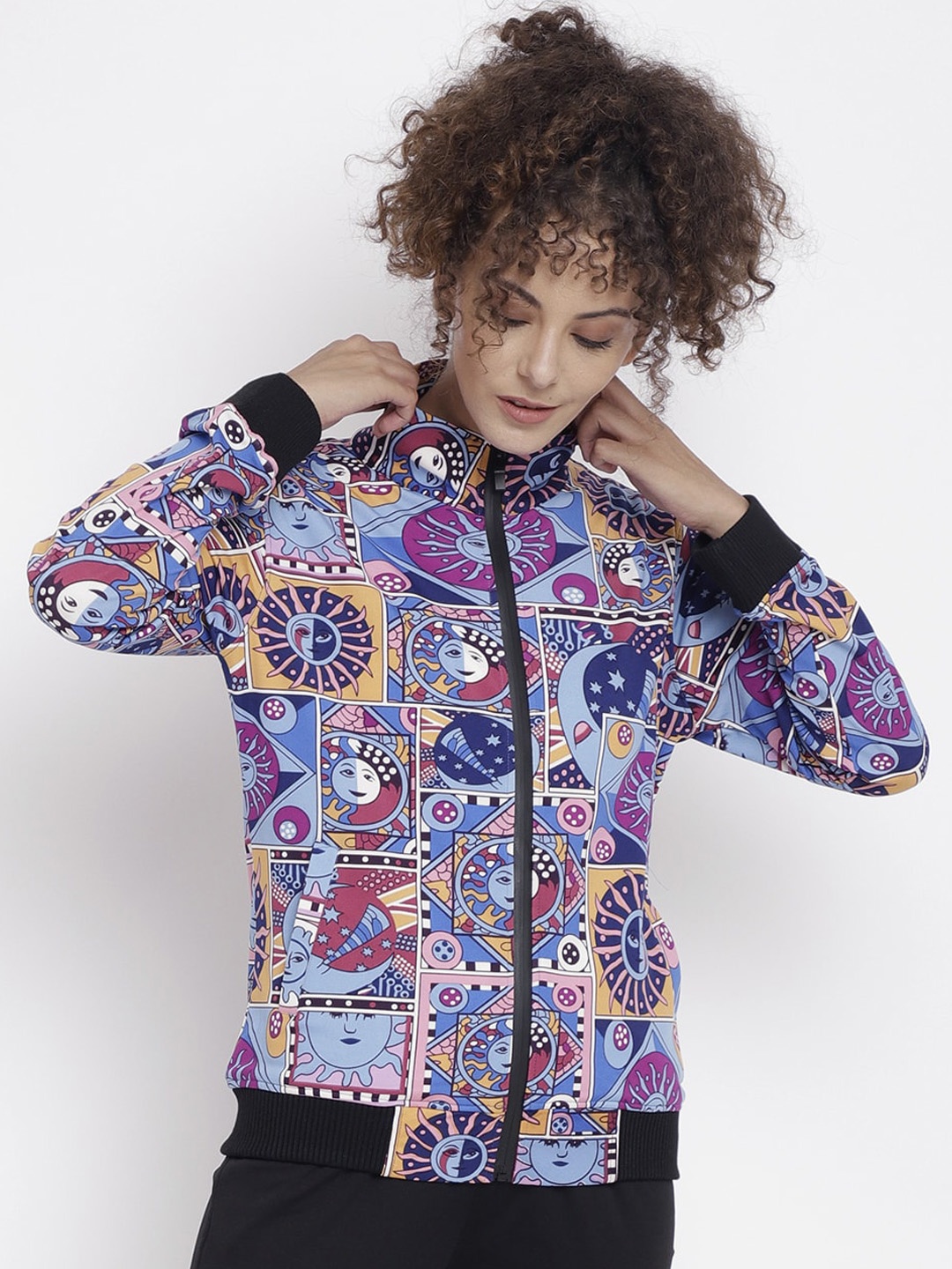 

CHKOKKO Women Multicoloured Printed Stand Collar Bomber Jacket, Multi