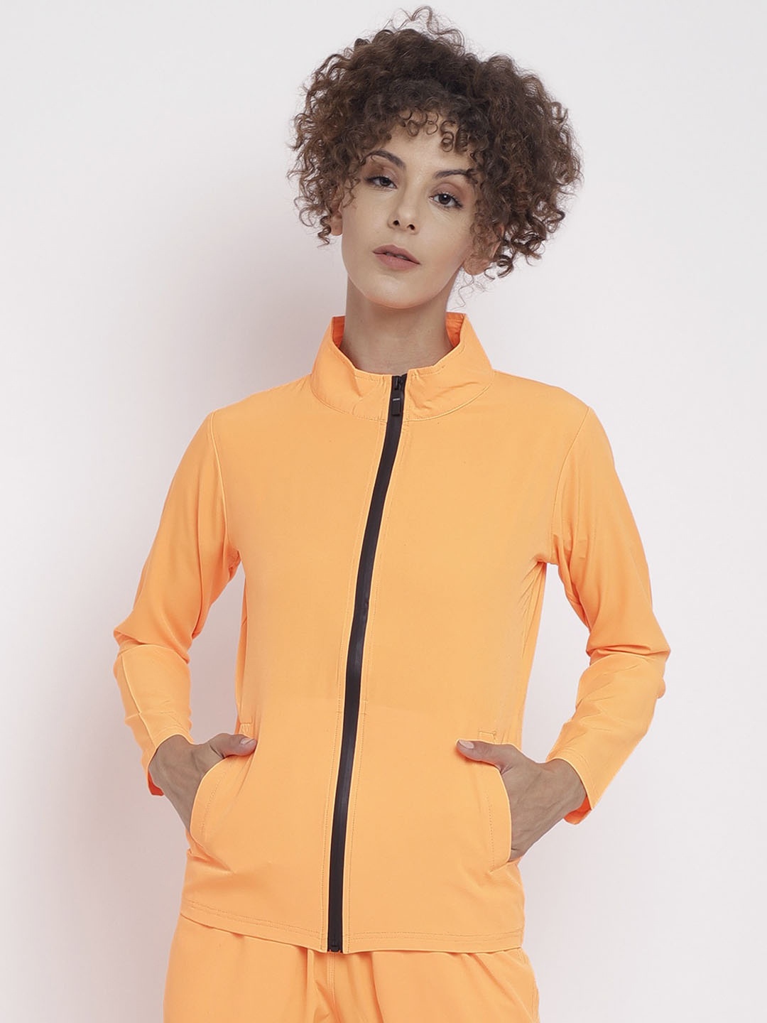 

CHKOKKO Women Orange Zipper Jacket