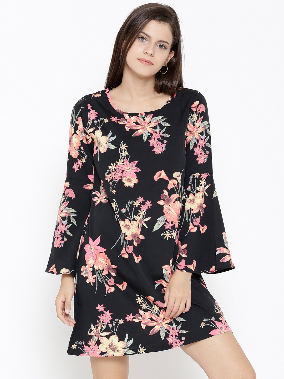 

Sera Women Black & Pink Printed A-Line Dress