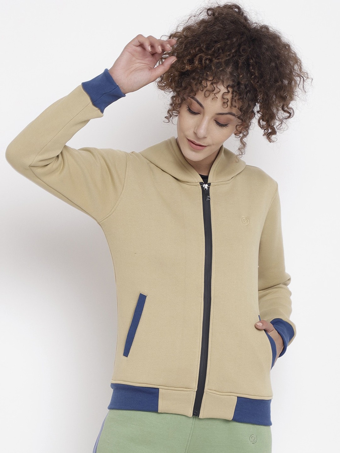 

Chkokko Women Khaki & Blue Hooded Cotton Fleece Sporty Jacket