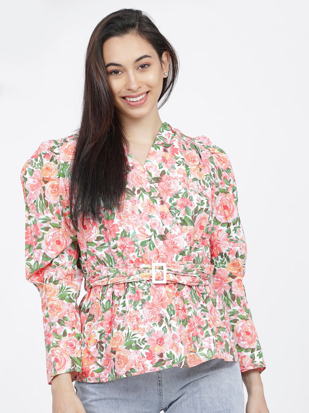 

Tokyo Talkies Pink & White Floral Tropical Wrap Top with Belt