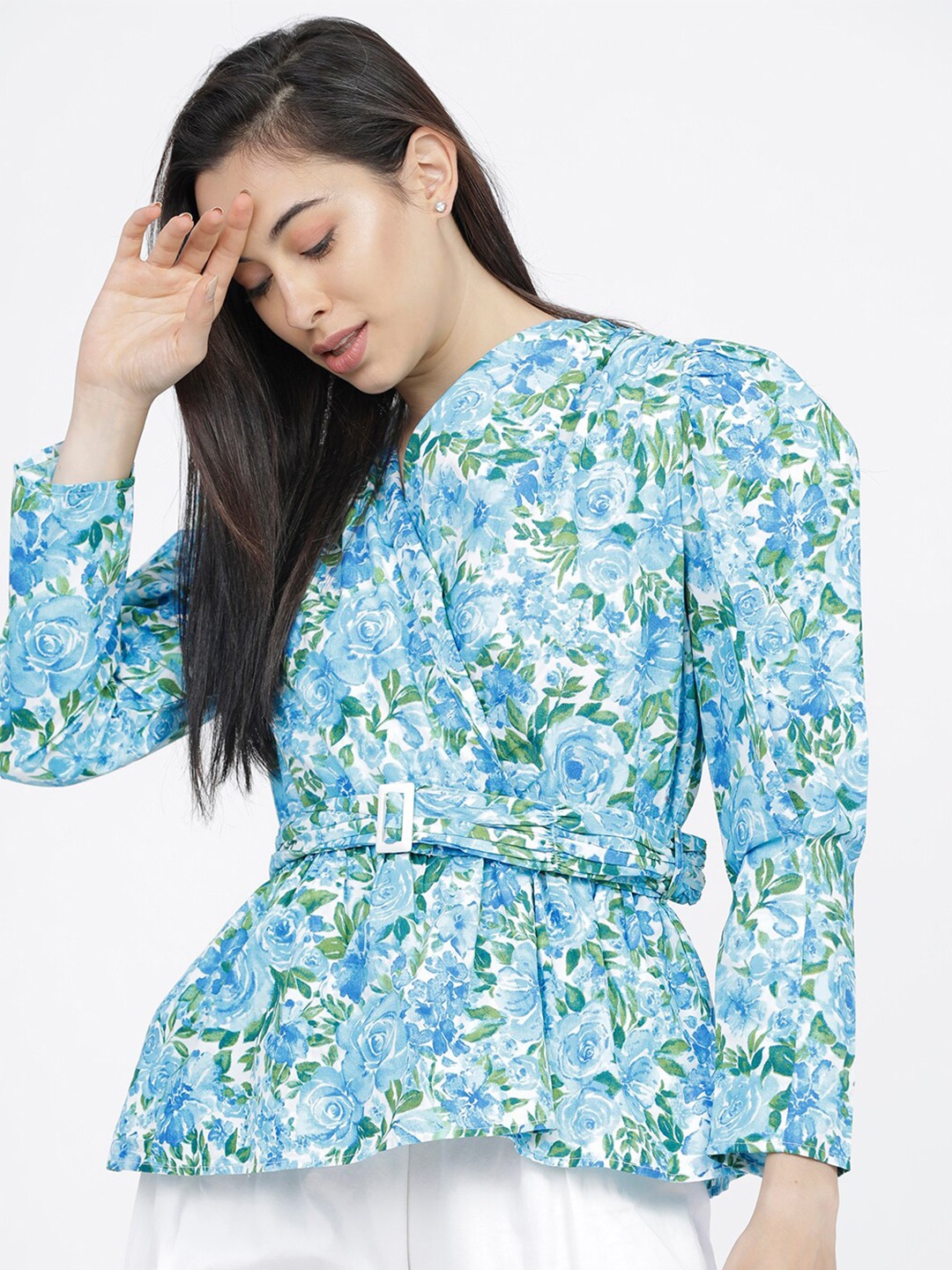 

Tokyo Talkies Blue Floral Print Wrap Top