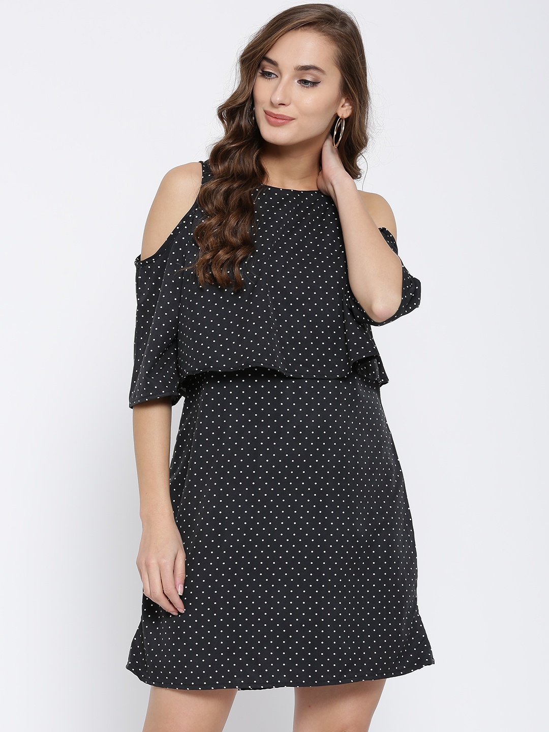 

Sera Women Black Dot Print Cold Shoulder Shift Dress