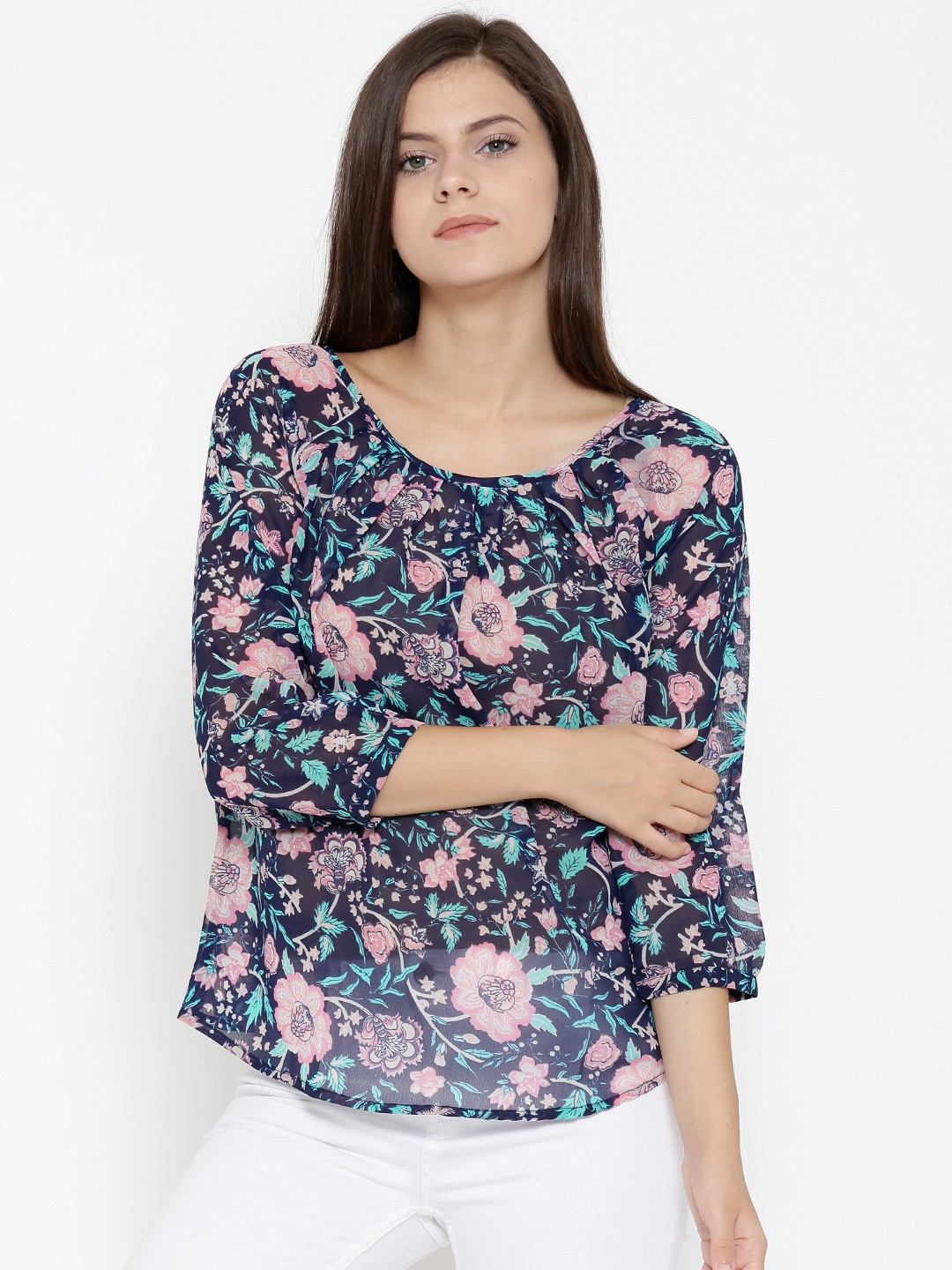 

Sera Women Navy & Pink Floral Print Semi-Sheer Top, Navy blue