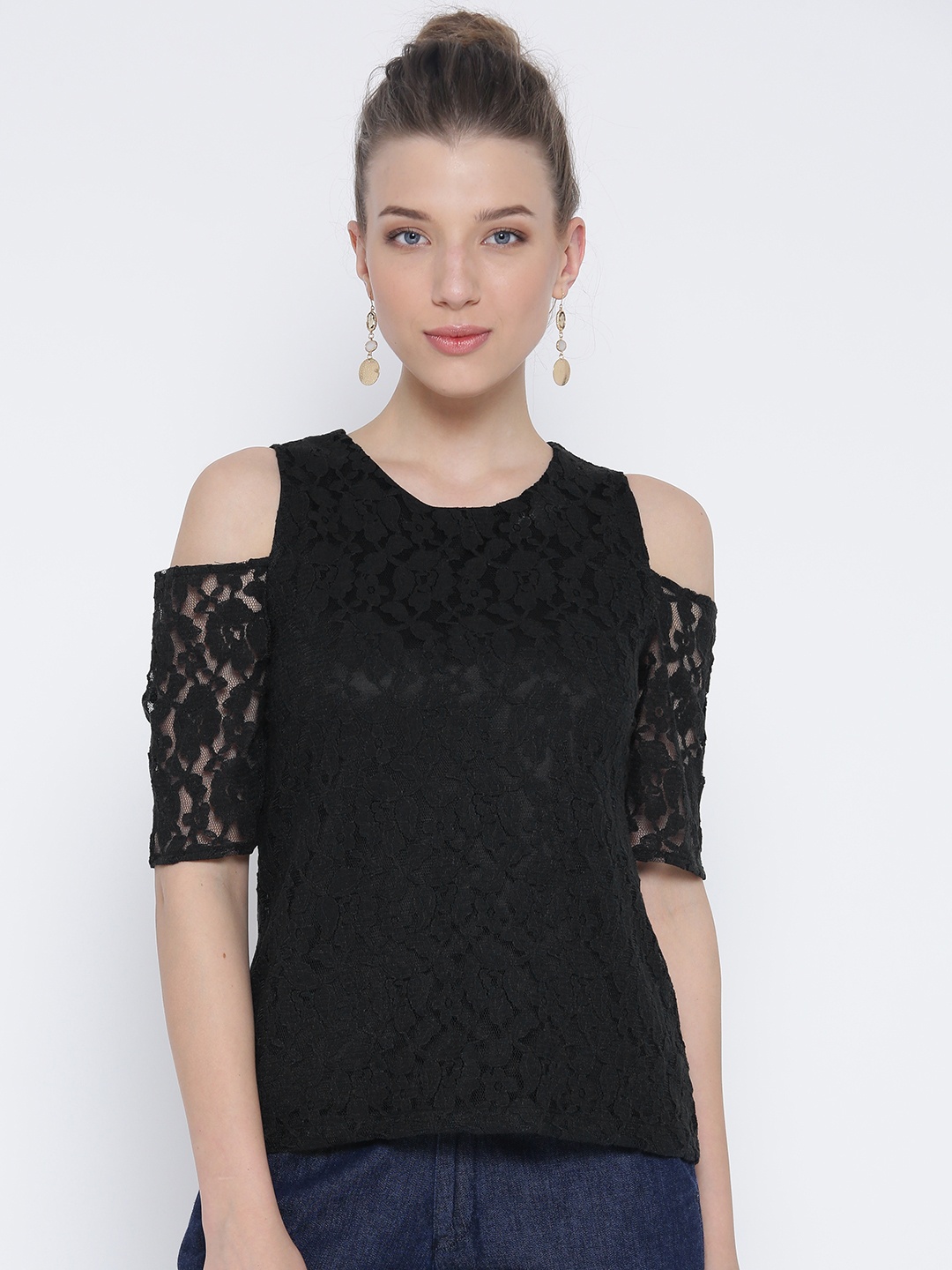 

Sera Black Lace Cold Shoulder Top