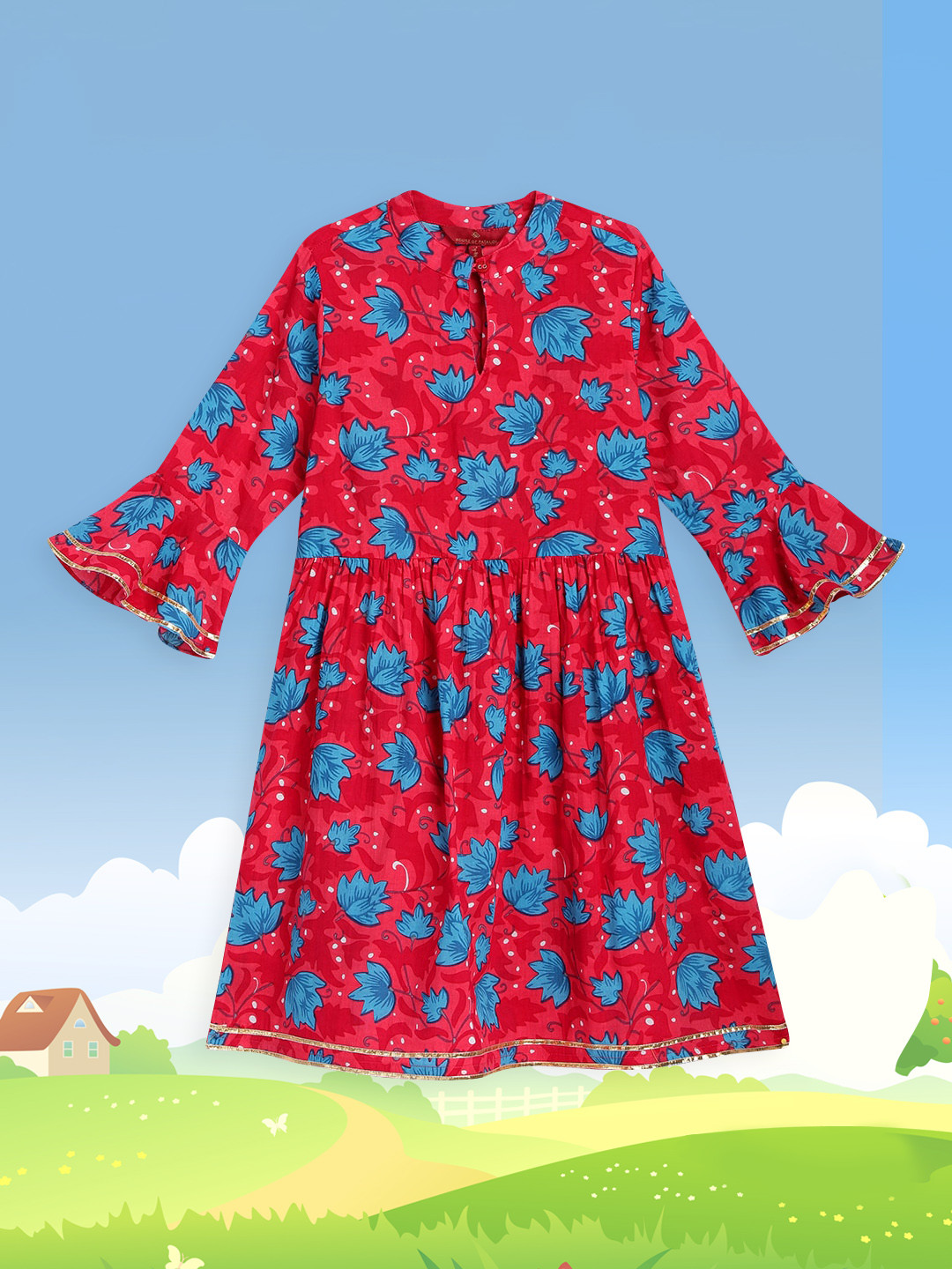 

House of Pataudi Girls Red Floral Printed Pure Cotton Anarkali Kurta