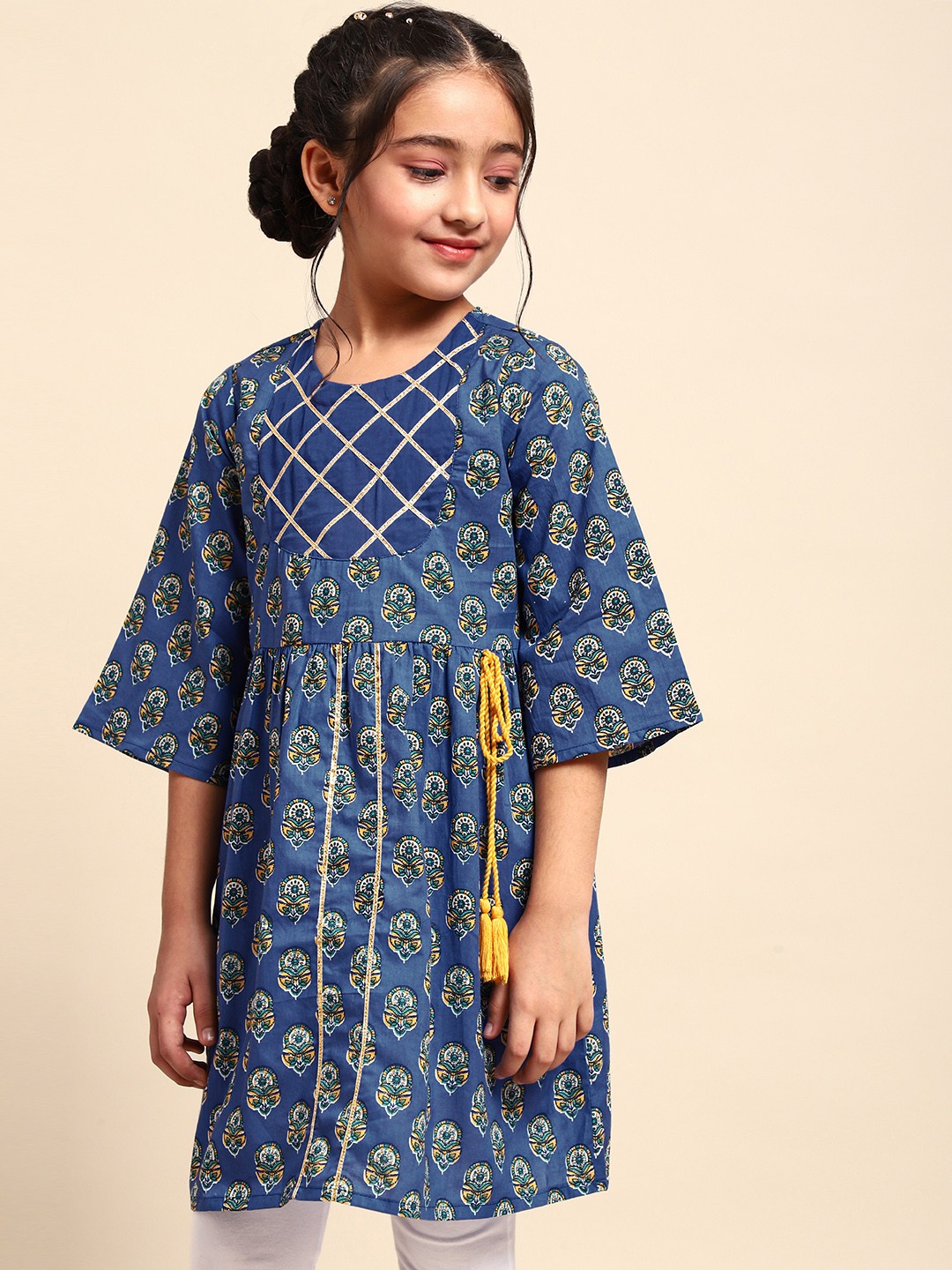 

House of Pataudi Girls Blue Pure Cotton Ethnic Printed Anarkali Kurta