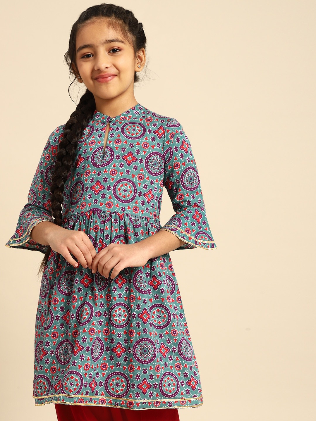 

House of Pataudi Girls Teal Blue & Purple Ethnic Motifs Gotta Patti Cotton Anarkali Kurta