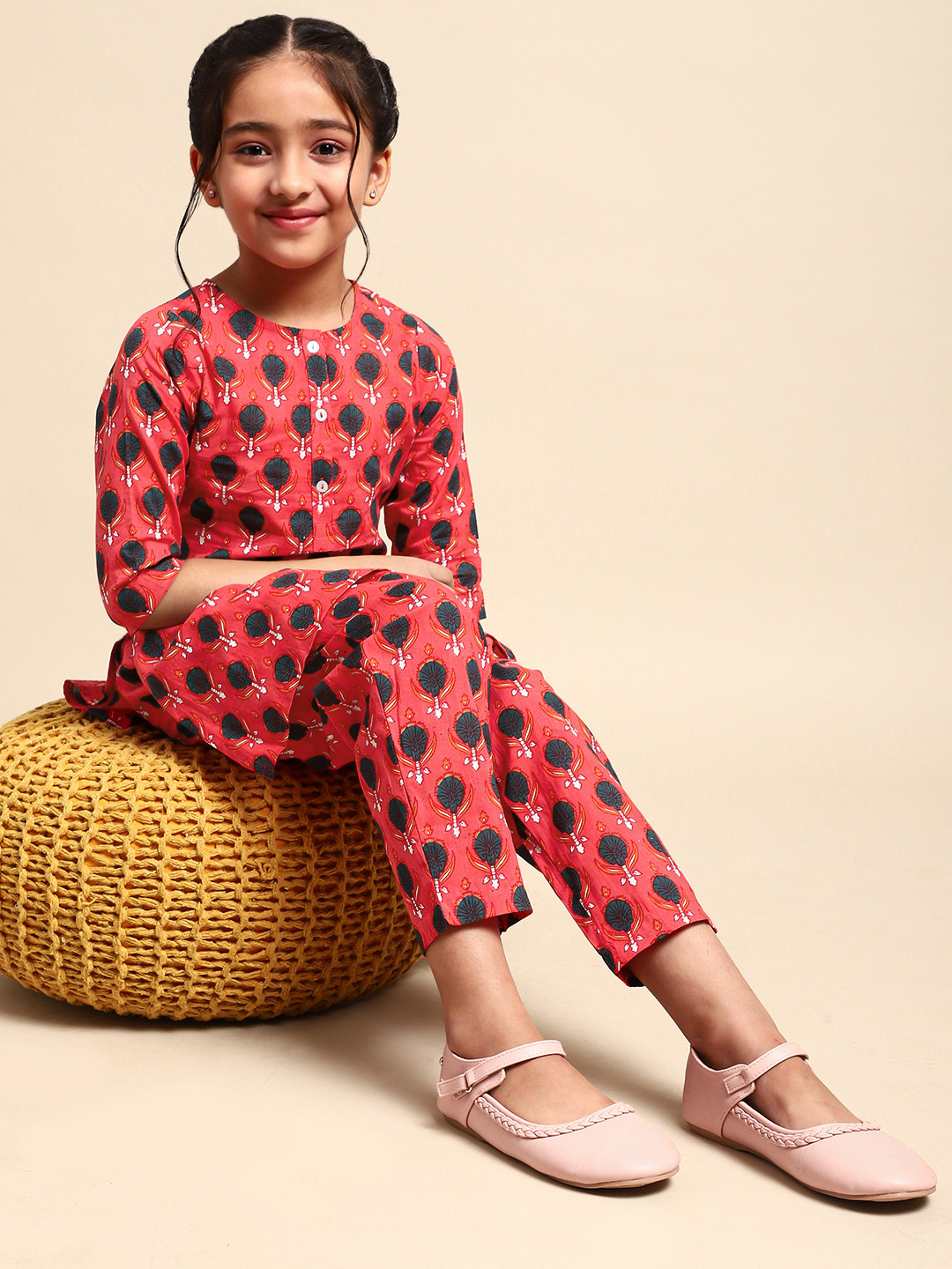 

House of Pataudi Girls Red Ethnic Motifs Printed Regular Pure Cotton Kurti with Pyjamas