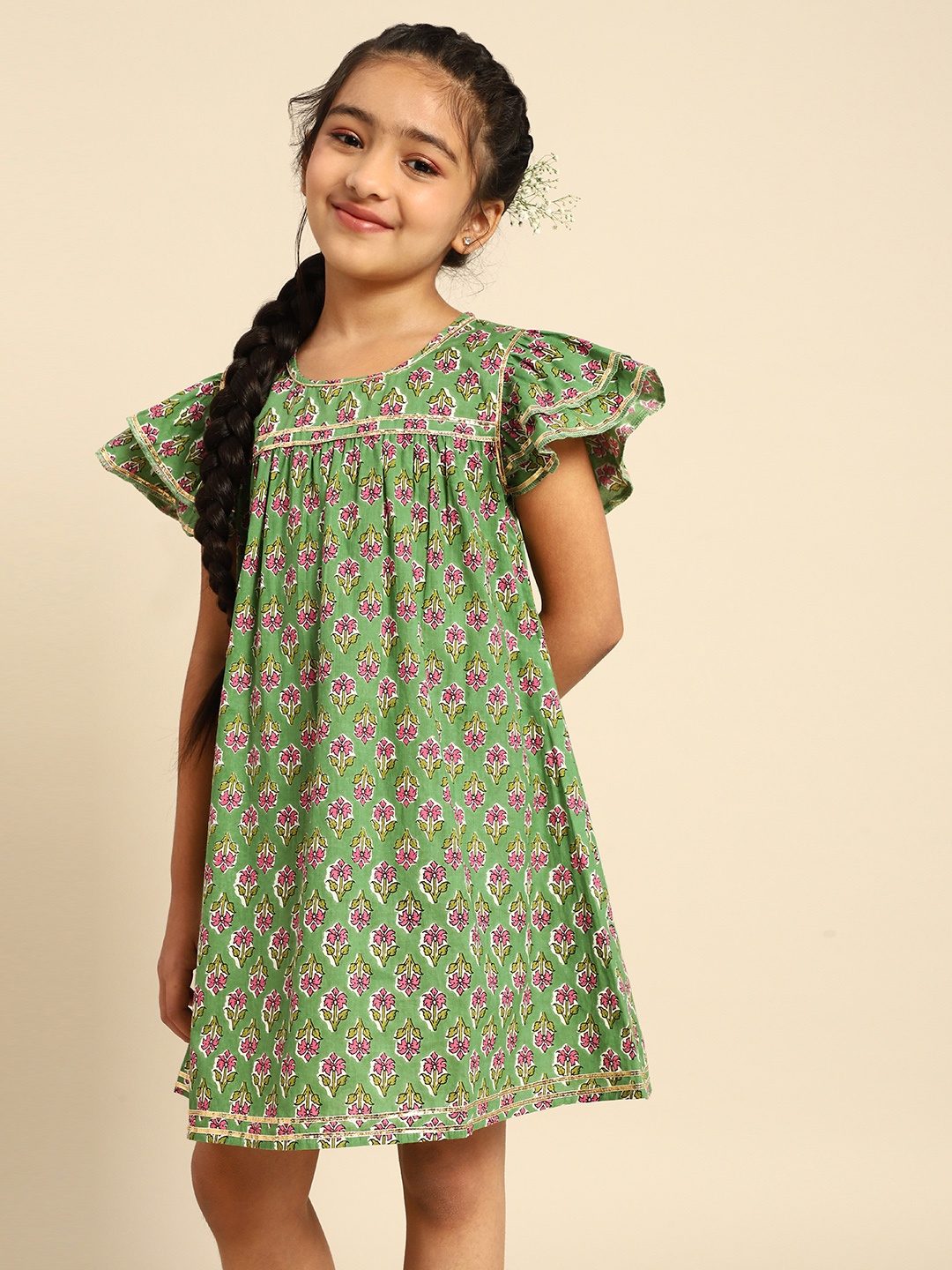 

House of Pataudi Girls Green & Pink Floral Printed Pure Cotton A-Line Dress