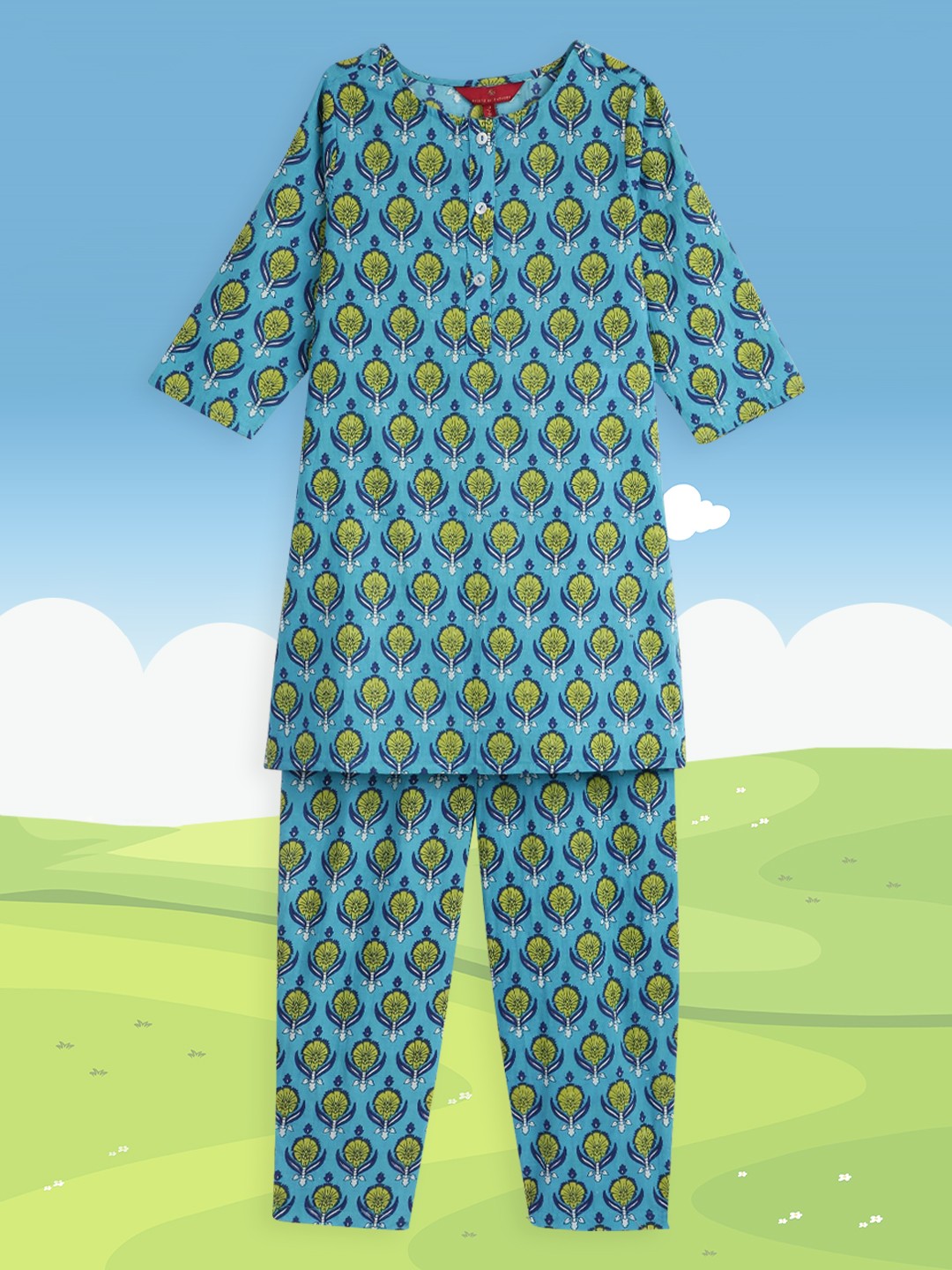

House of Pataudi Girls Teal Ethnic Motifs Printed Pure Cotton Kurta Set