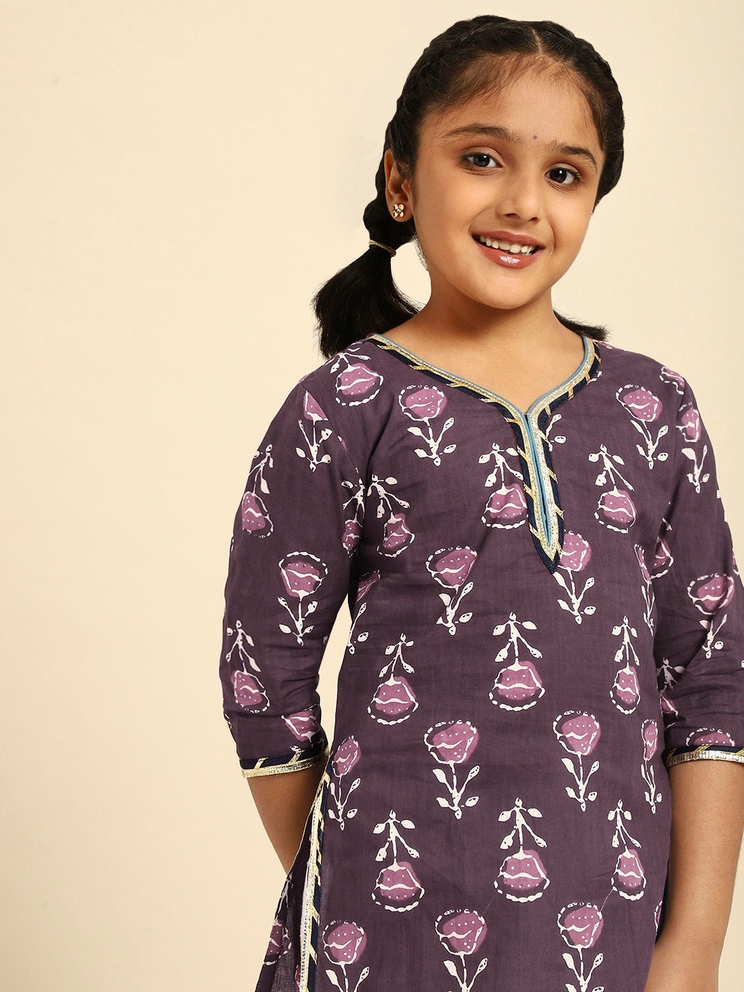 

House of Pataudi Girls Mauve Floral Printed Pure Cotton Kurta