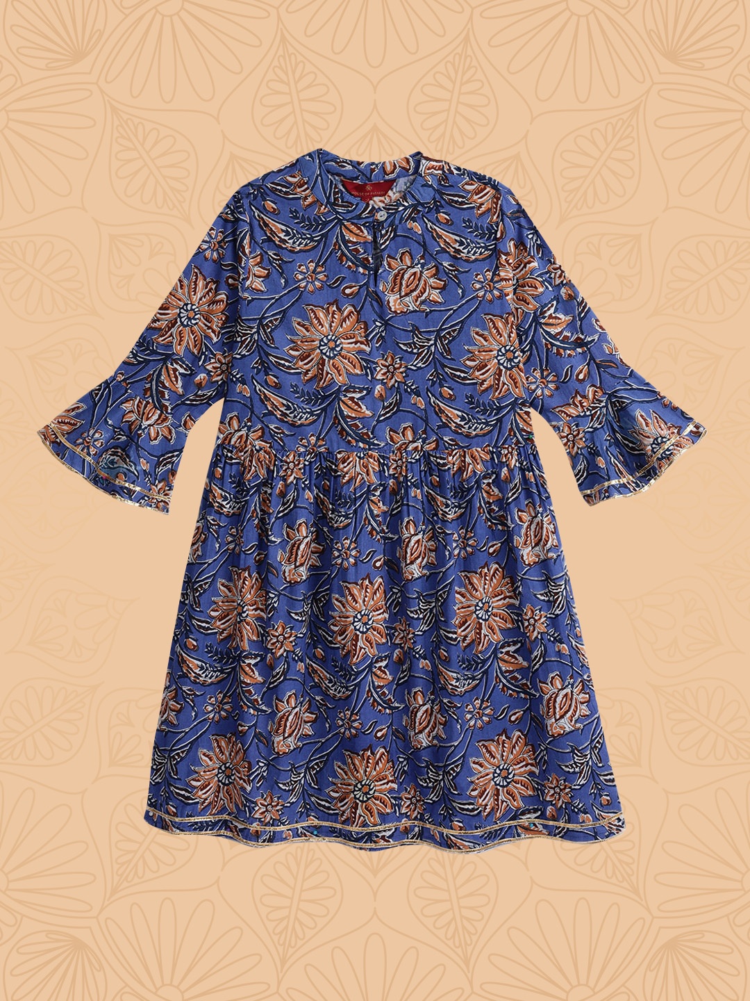 

House of Pataudi Girls Blue Floral Printed Bell Sleeves Gotta Patti Pure Cotton Kurta