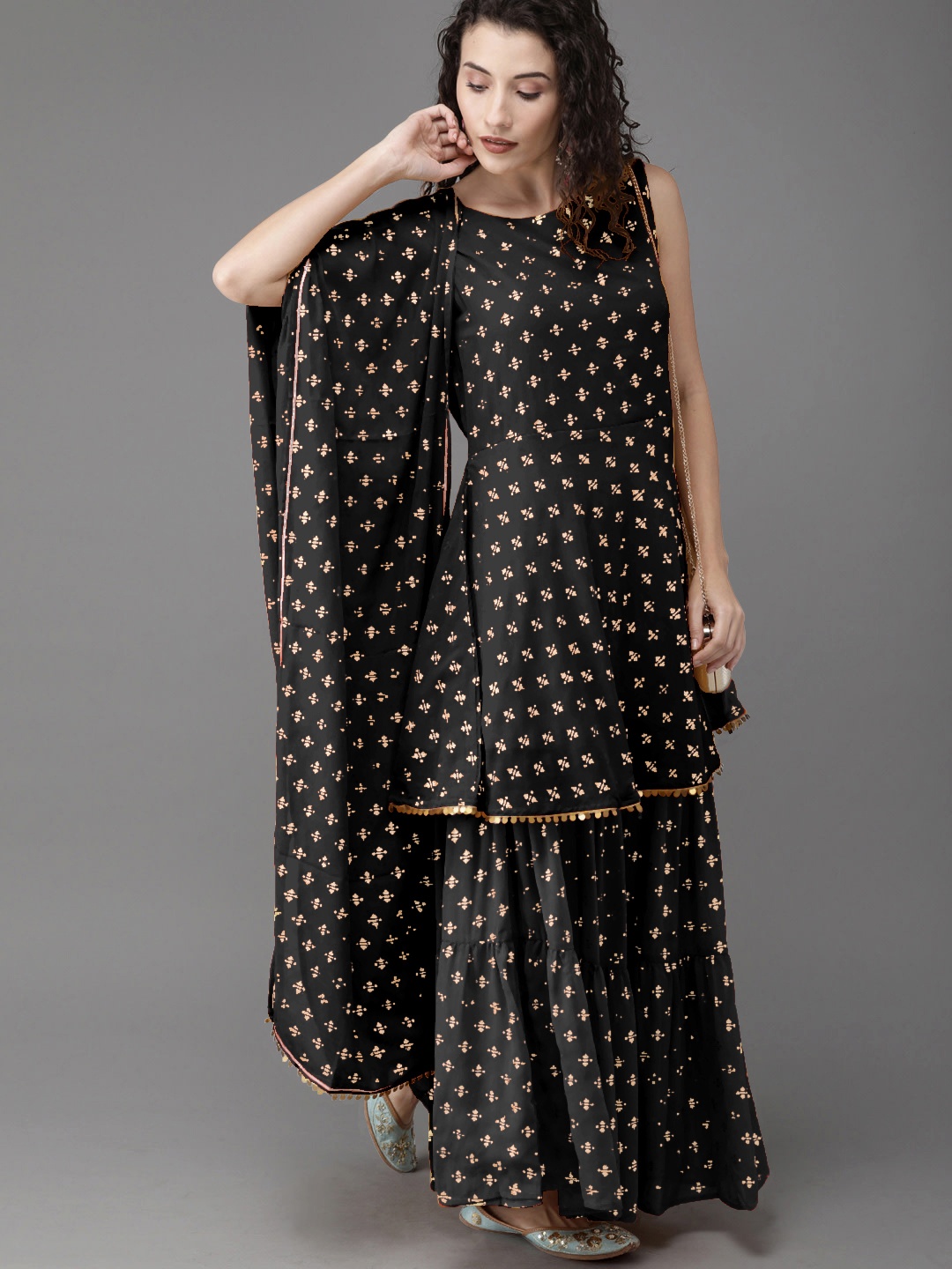 

Ahalyaa Women Black Ethnic Motifs Printed Empire Kurta with Sharara & With Dupatta