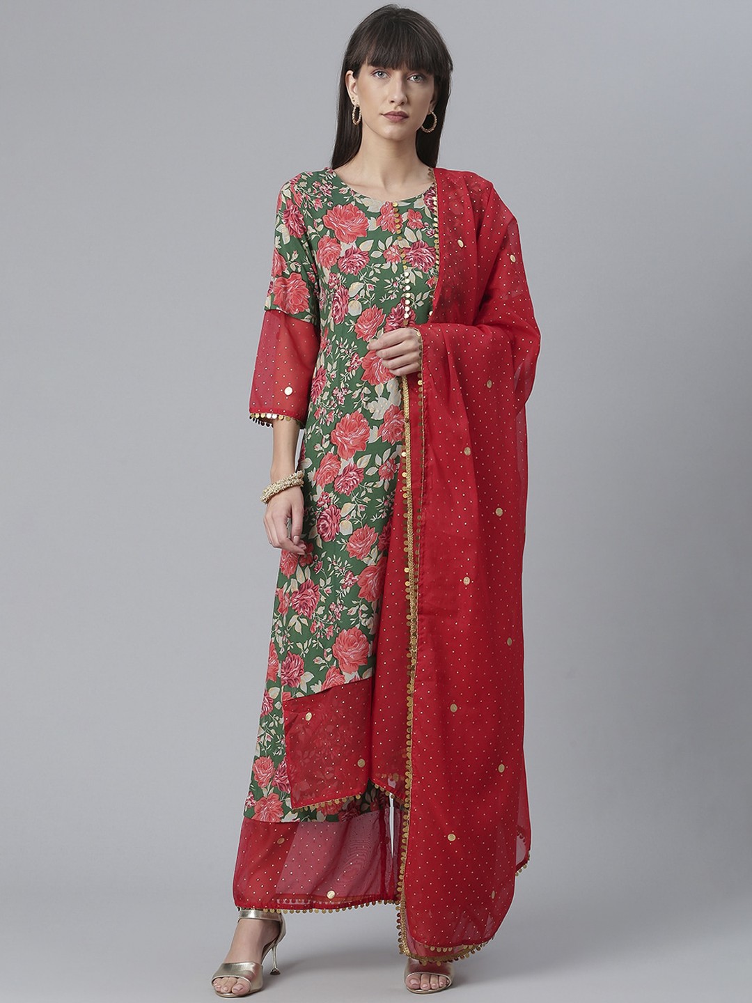 

Ahalyaa Women Green Floral Printed Regular Kurta with Palazzos & With Dupatta