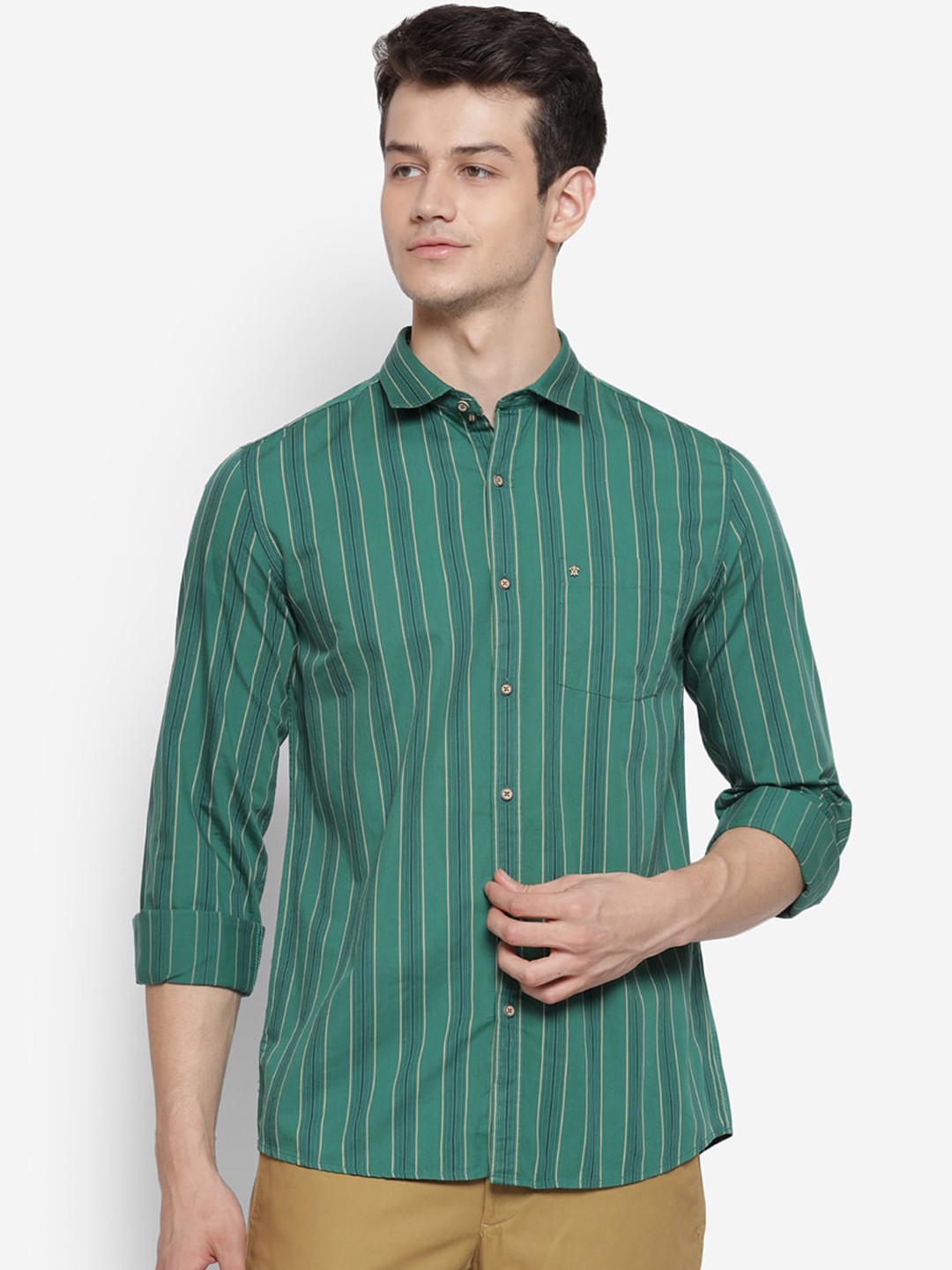 

Turtle Men Green & Off White Slim Fit Opaque Striped Cotton Casual Shirt