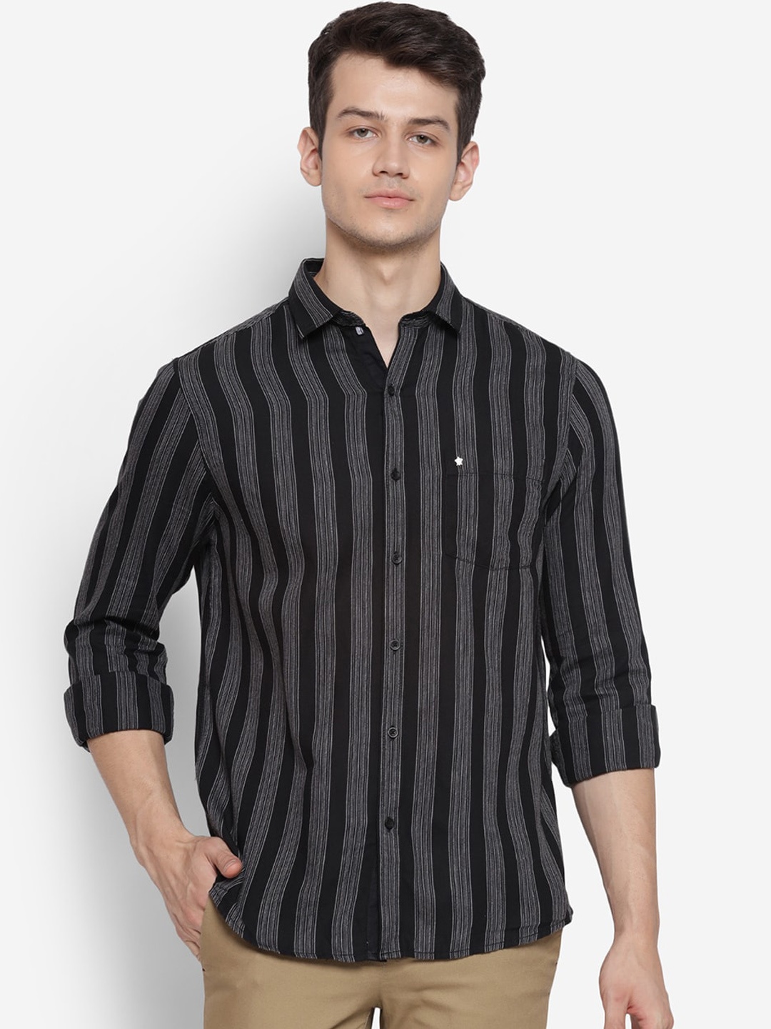 

Turtle Men Black Slim Fit Opaque Striped Casual Shirt