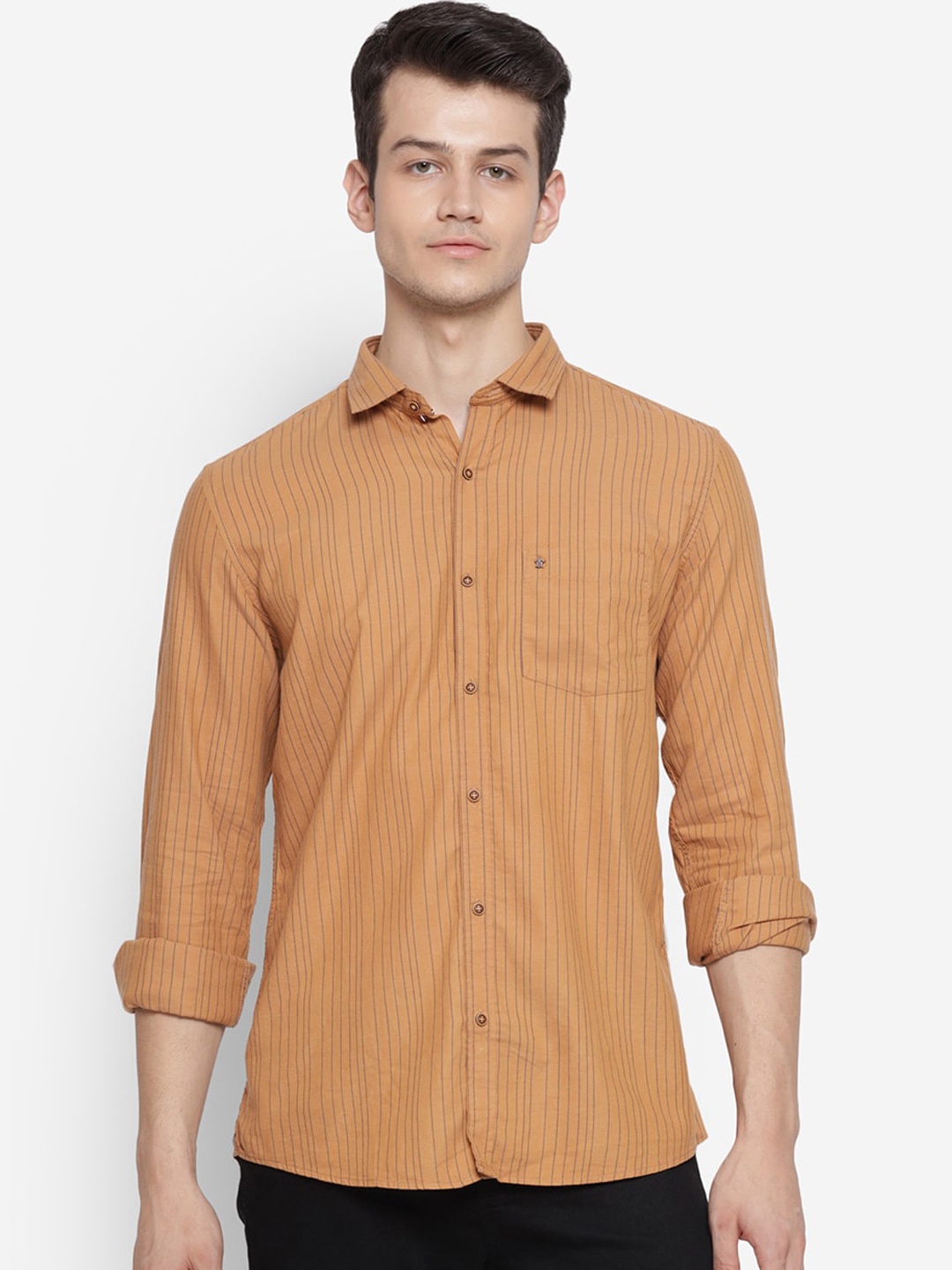 

Turtle Men Orange Slim Fit Opaque Striped Casual Shirt