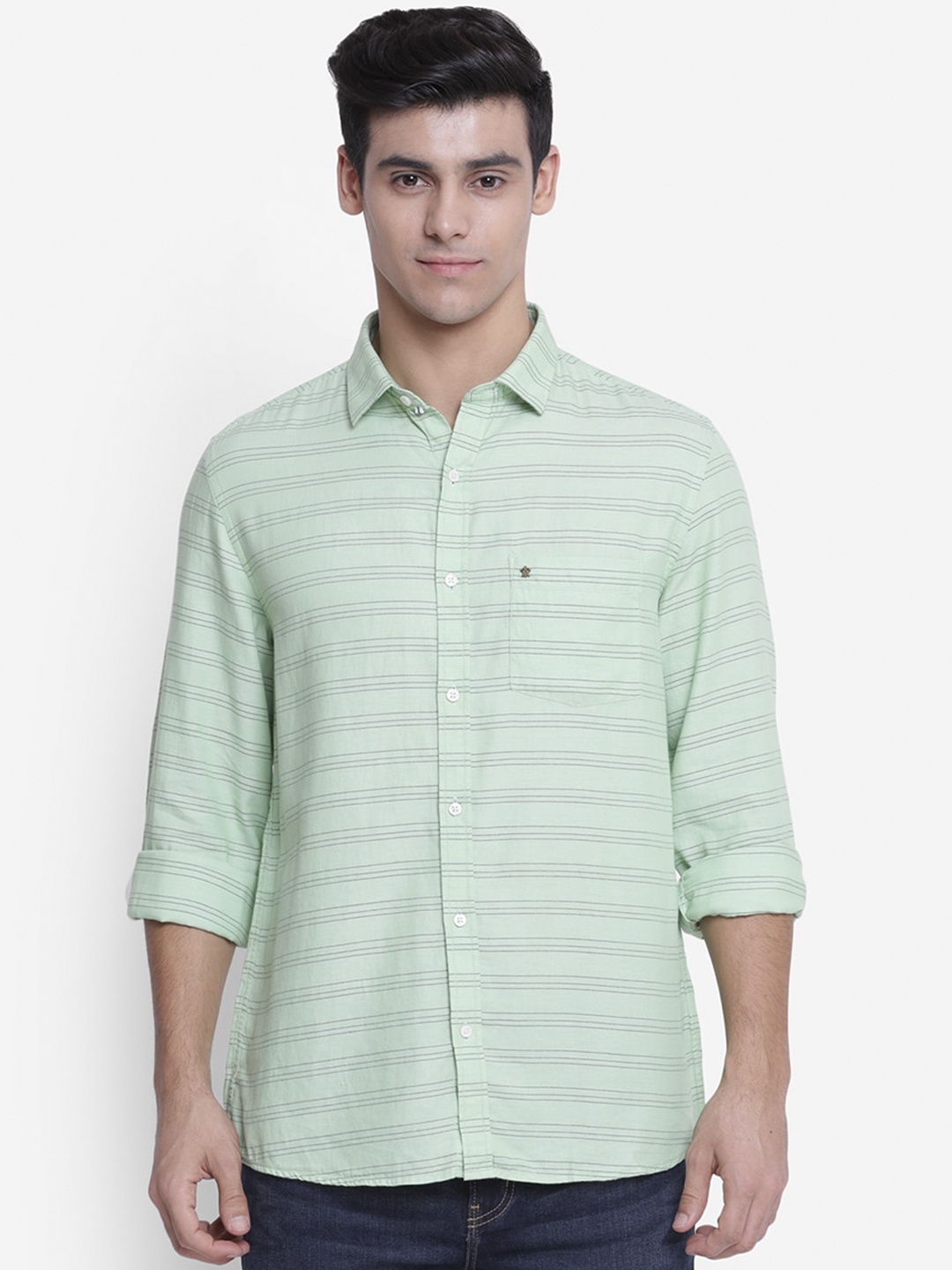 

Turtle Men Green Slim Fit Horizontal Stripes Opaque Striped Cotton Casual Shirt