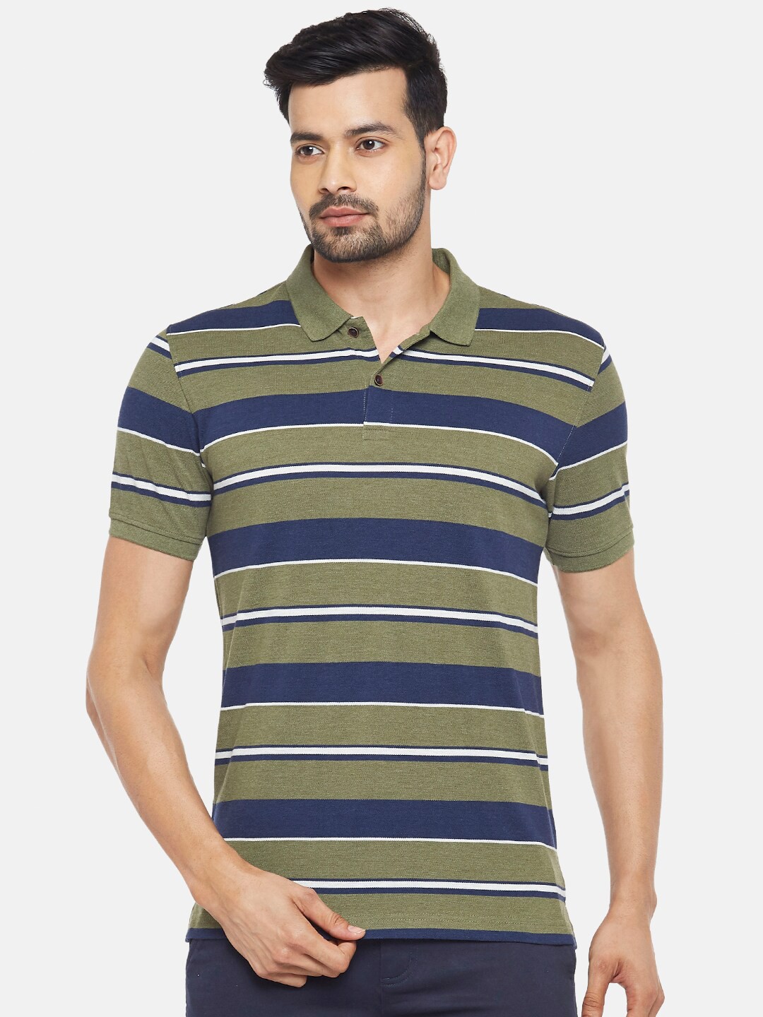 

BYFORD by Pantaloons Men Olive Green Striped Polo Collar Pockets Slim Fit T-shirt