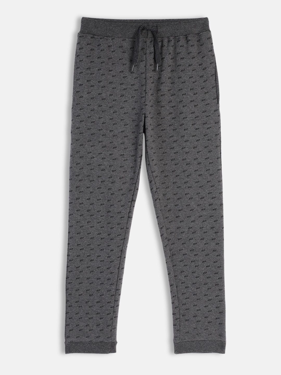 

HERE&NOW Boys Charcoal Grey Melange Typography Printed Knitted Pure Cotton Joggers
