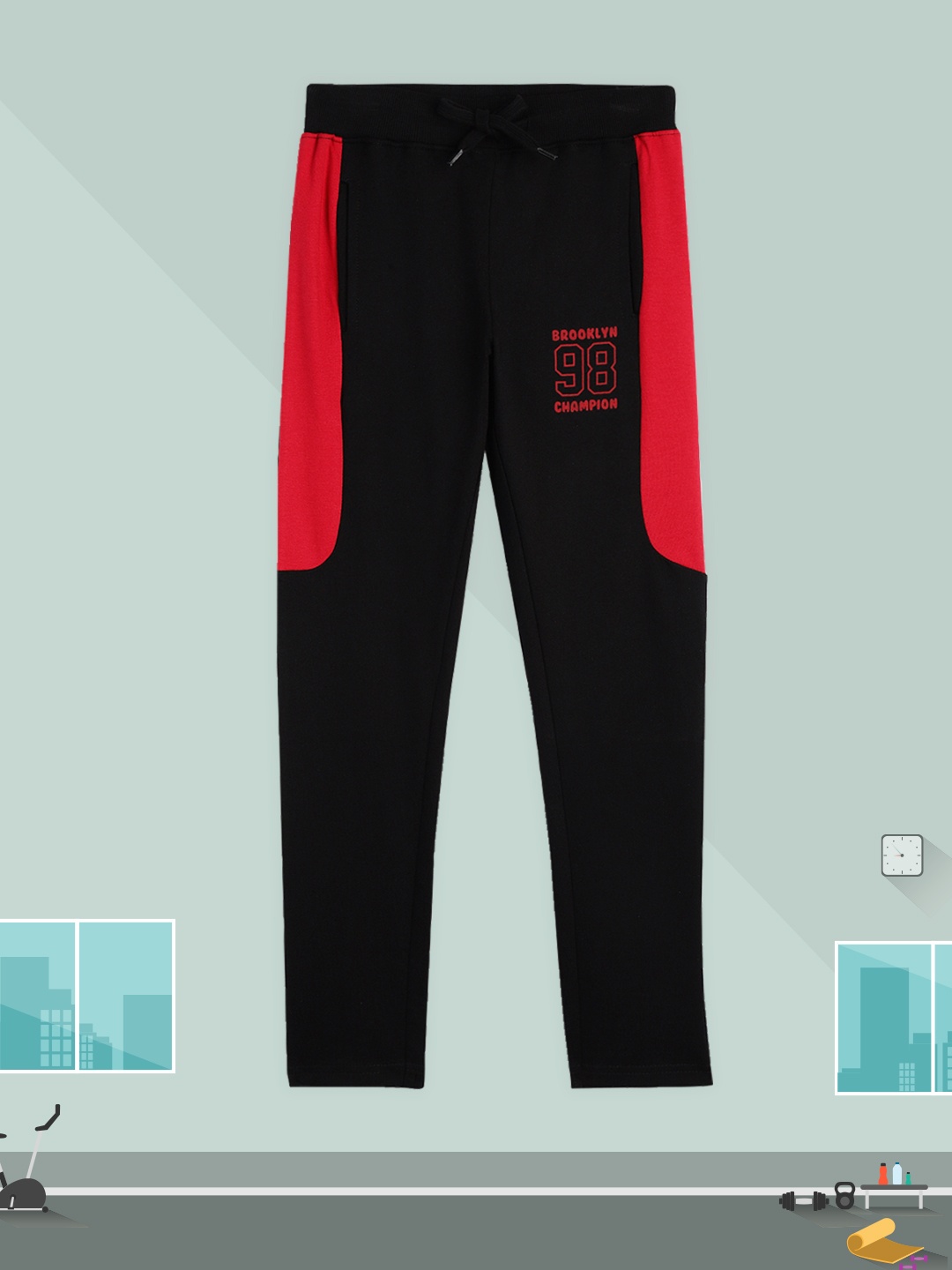 

HERE&NOW Boys Black & Red Colourblocked Pure Cotton Regular Fit Track Pants