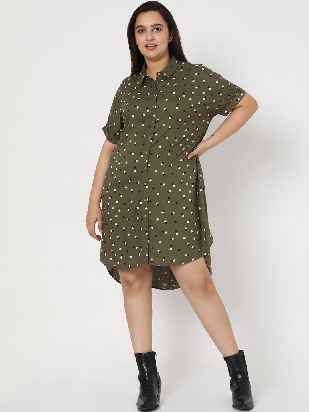 

VERO MODA CURVE Green Polka Printed Shirt Dress