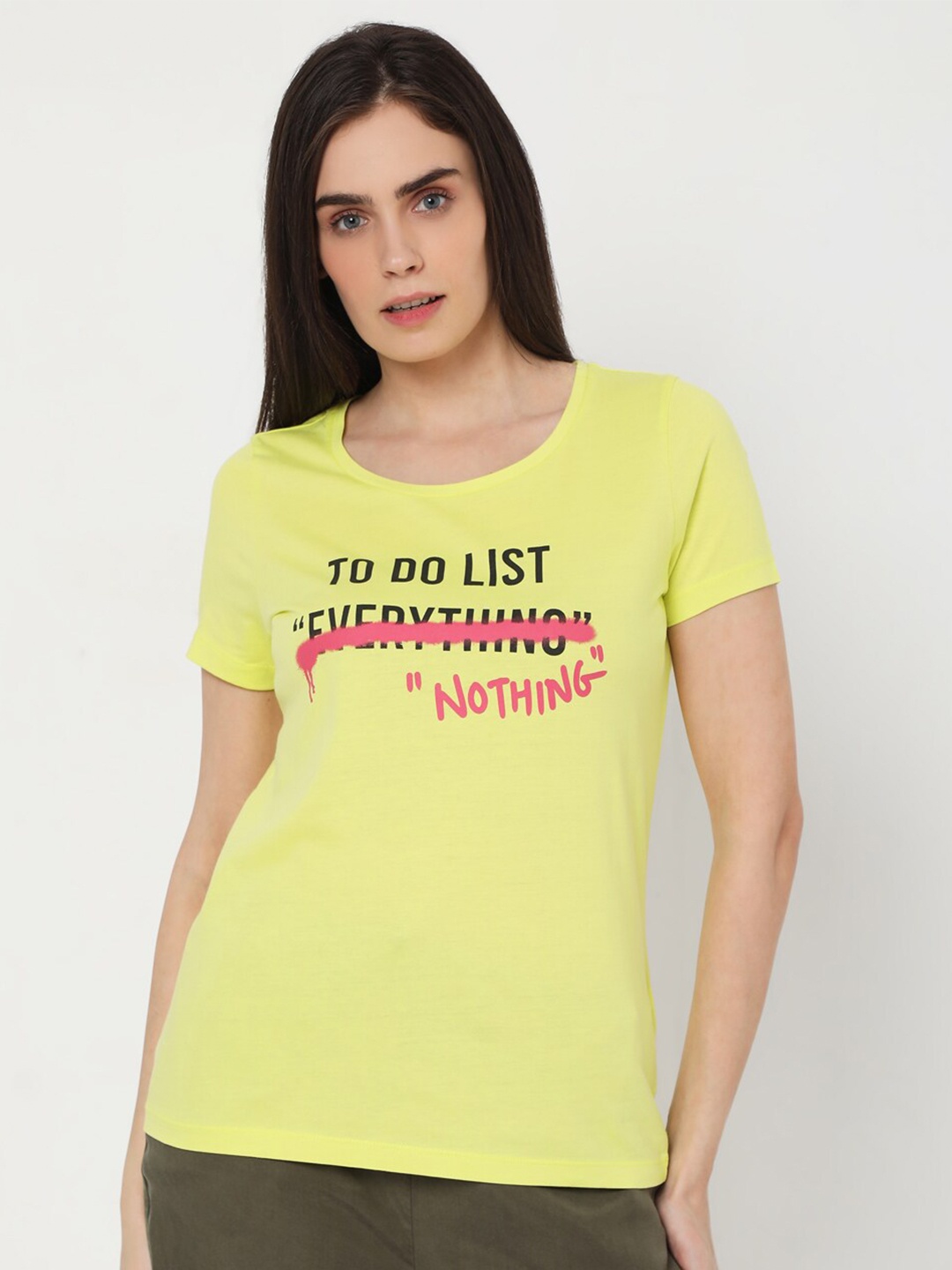 

Vero Moda Women Green & Pink Typography Printed Cotton T-shirt