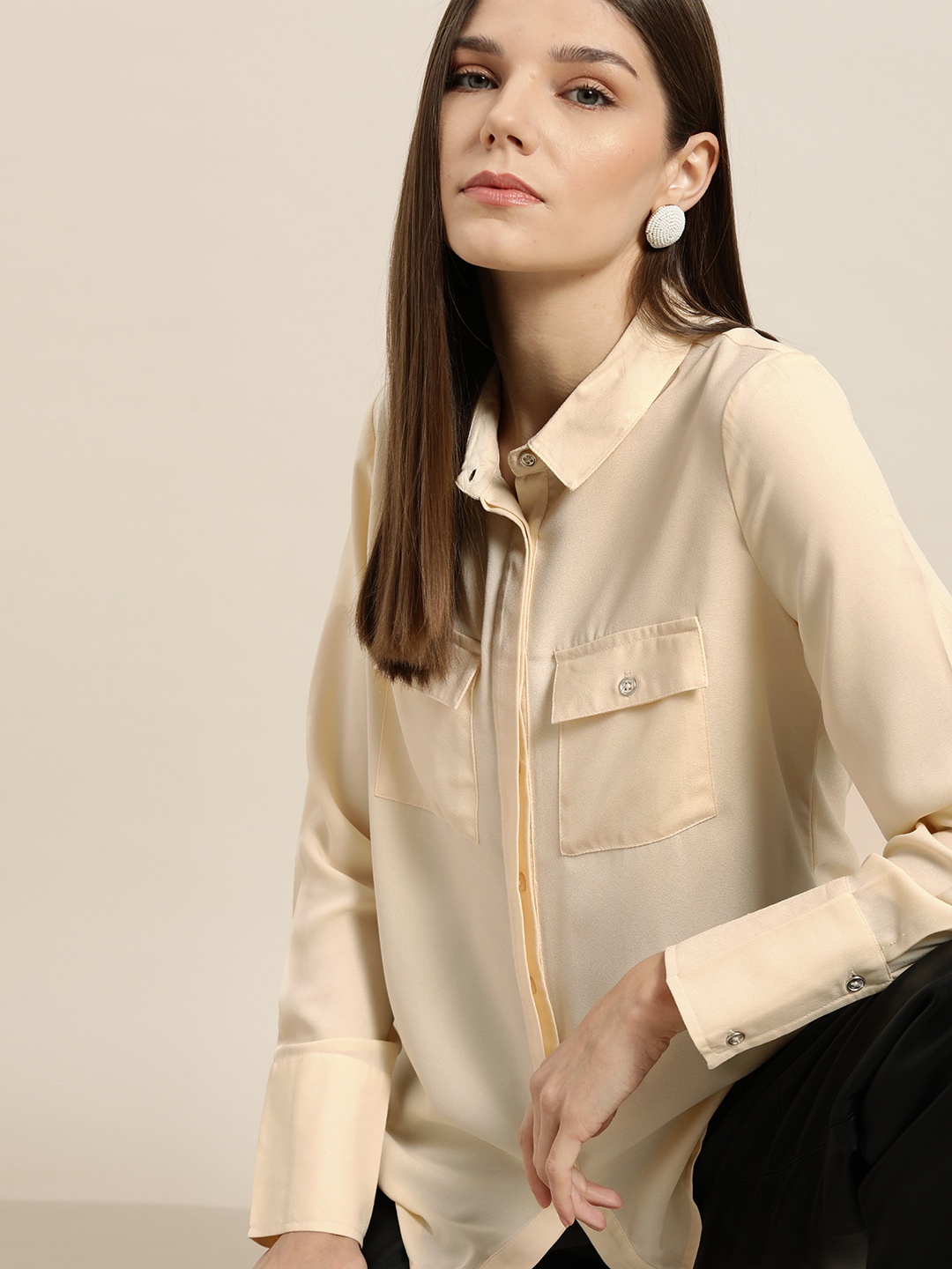

her by invictus Women Beige Solid Casual Shirt